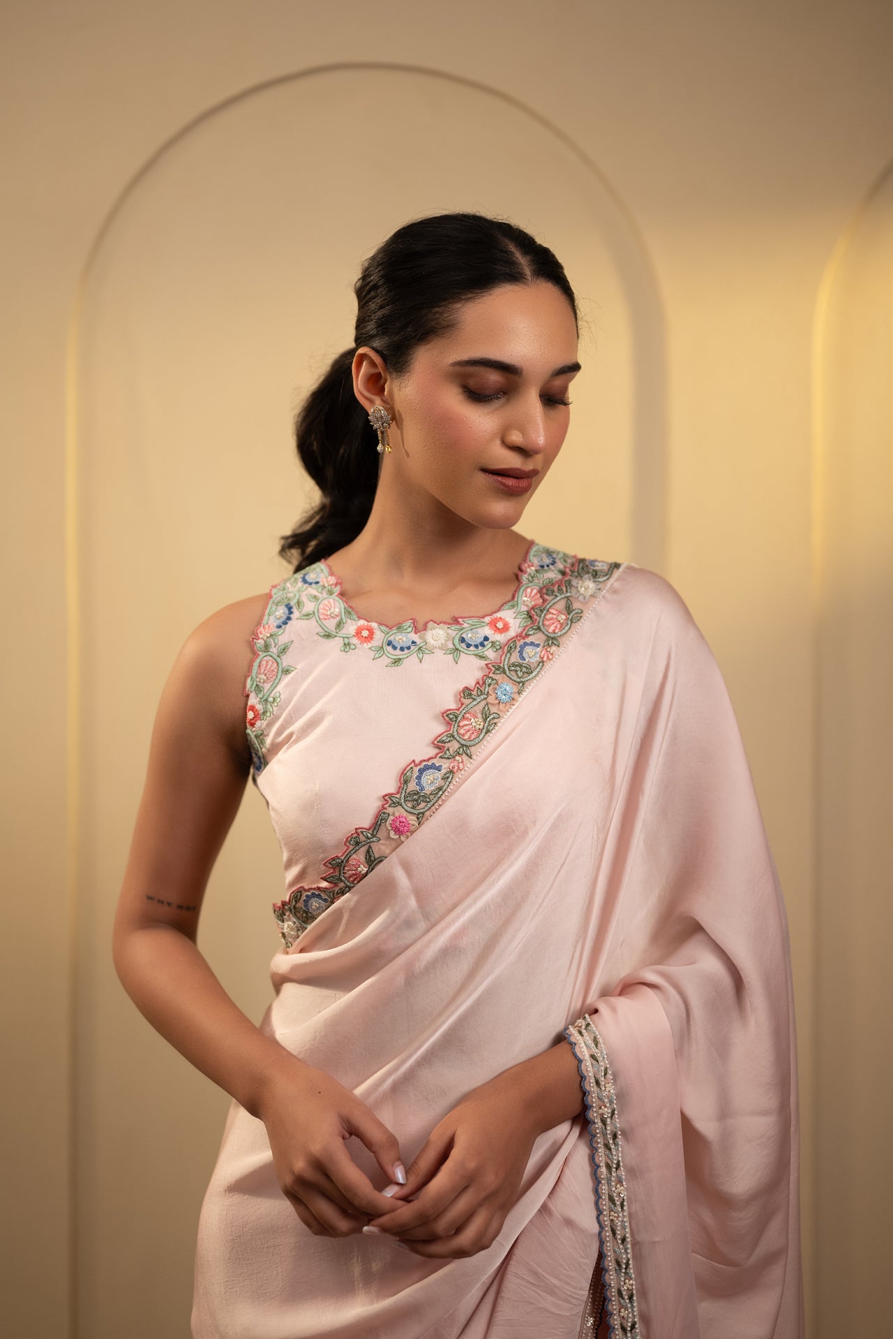 Pearl & Thread Work Satin Saree