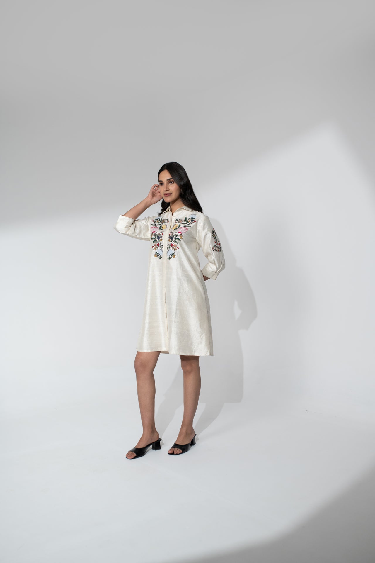 Hand Embroidered Raw Silk Dress with Thread Detailing