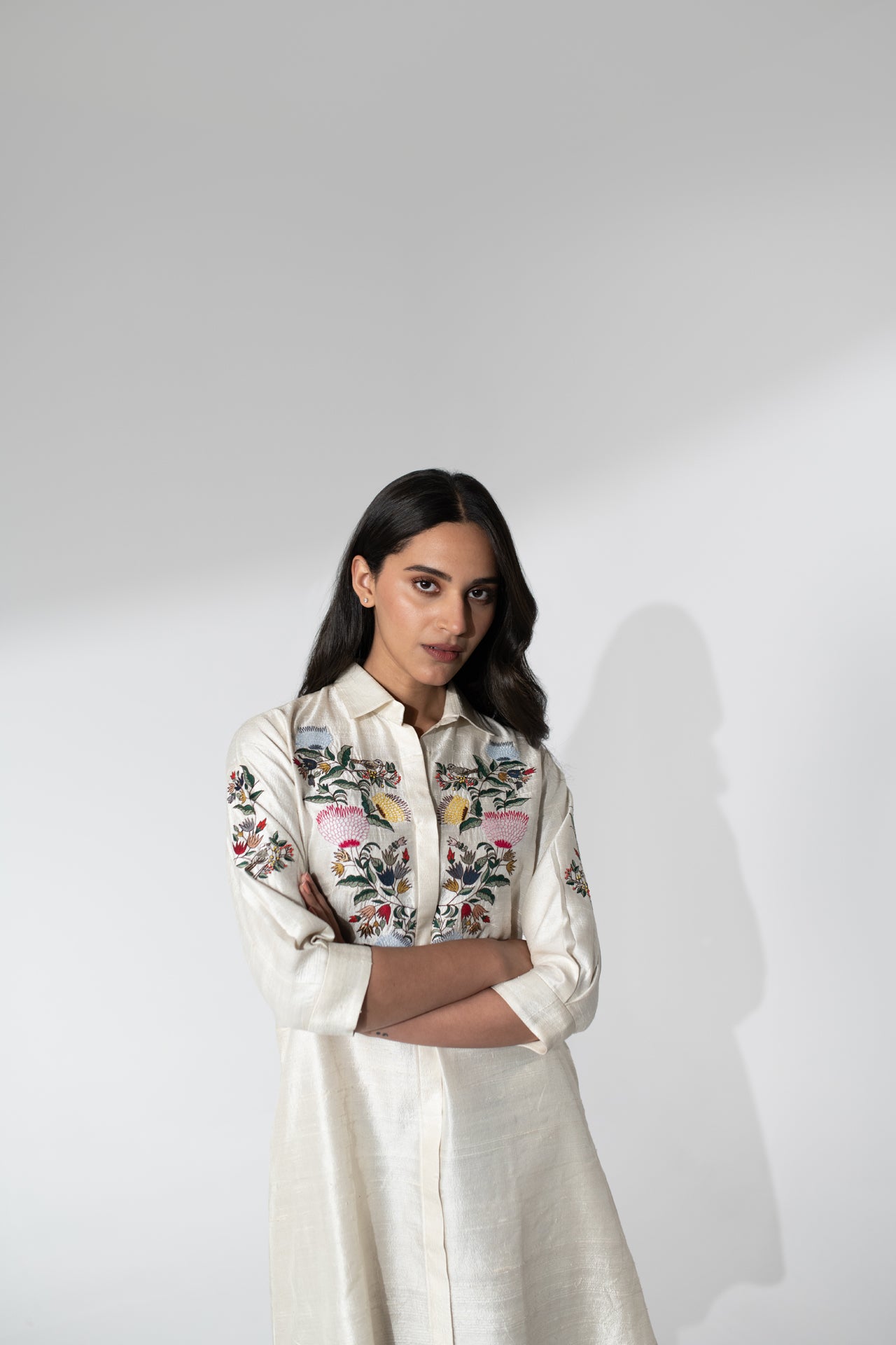 Hand Embroidered Raw Silk Dress with Thread Detailing