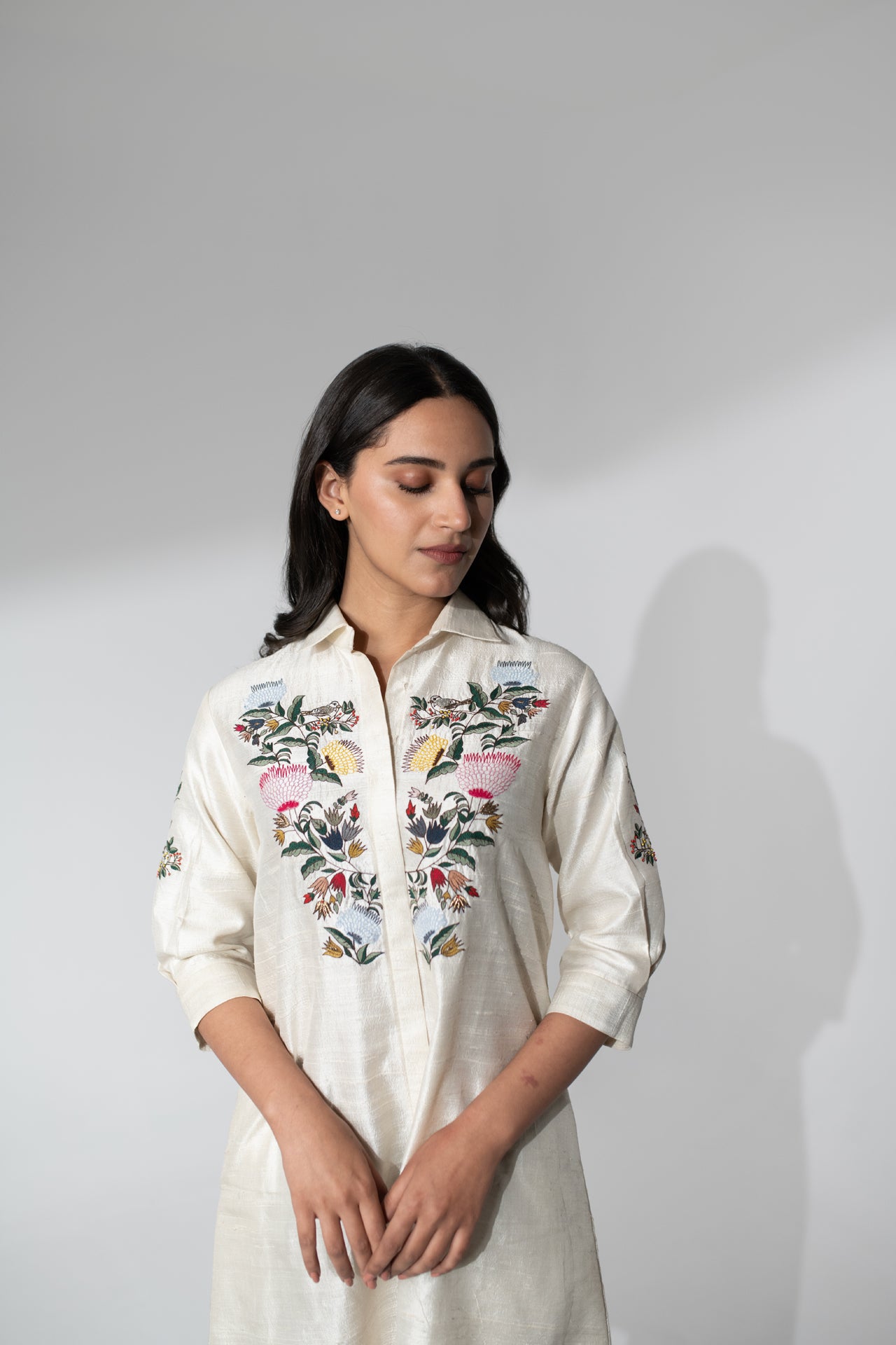 Hand Embroidered Raw Silk Dress with Thread Detailing