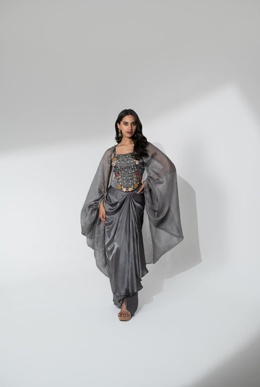 Satin Dhoti Set with Embroidered Top and Organza Cape