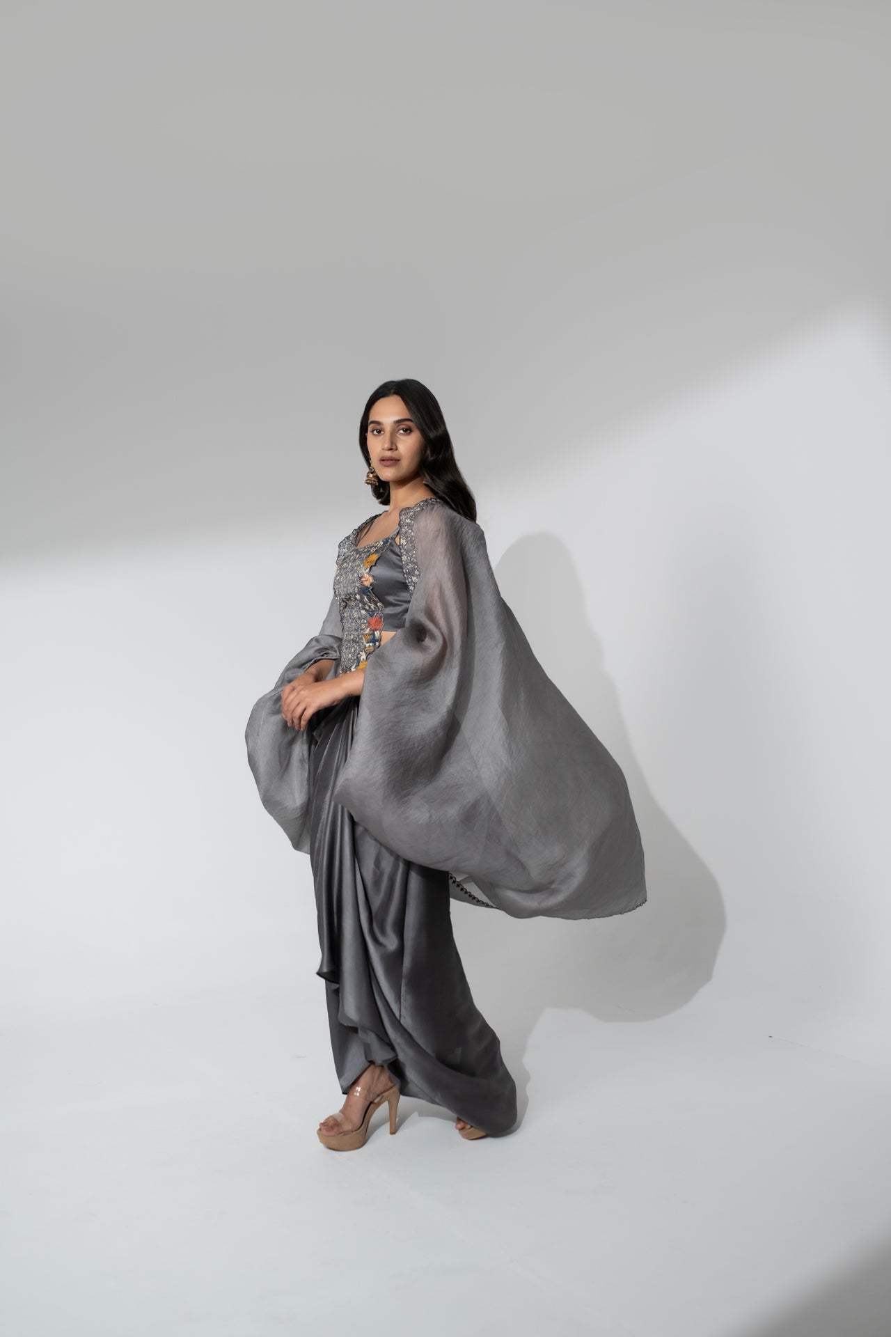 Satin Dhoti Set with Embroidered Top and Organza Cape