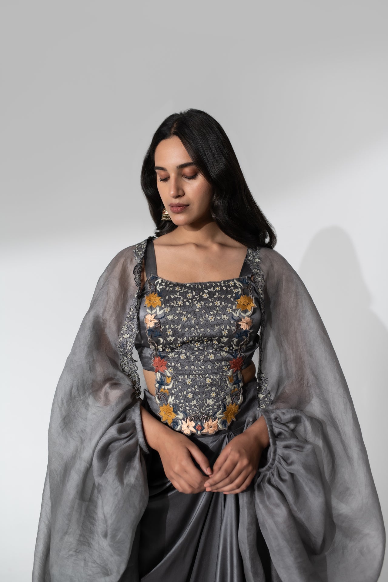 Satin Dhoti Set with Embroidered Top and Organza Cape