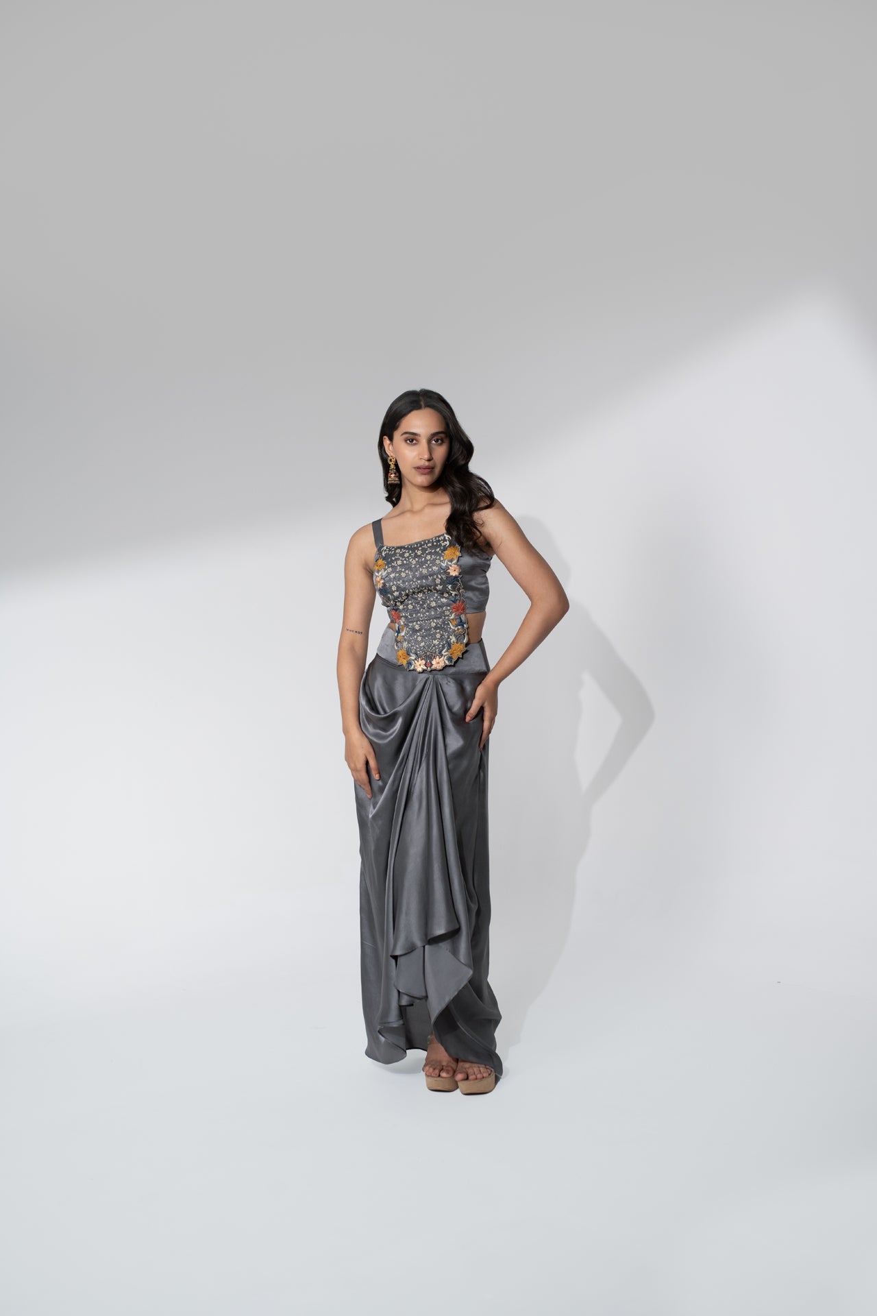 Satin Dhoti Set with Embroidered Top and Organza Cape
