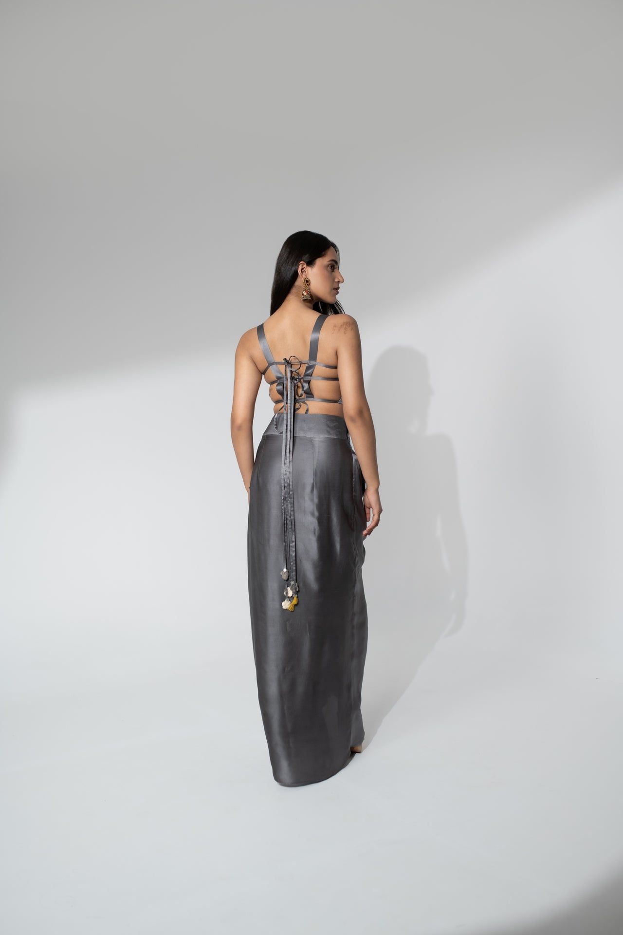 Satin Dhoti Set with Embroidered Top and Organza Cape