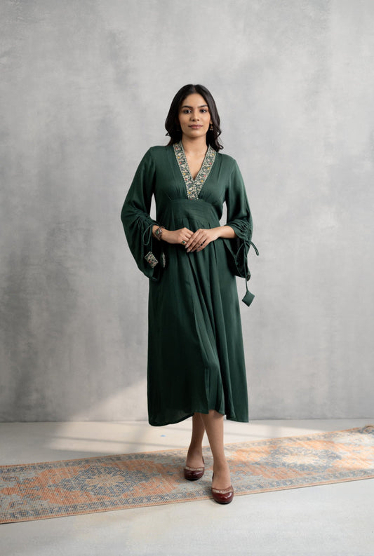Embroidered Green Flowy Dress with Tie-Sleeves