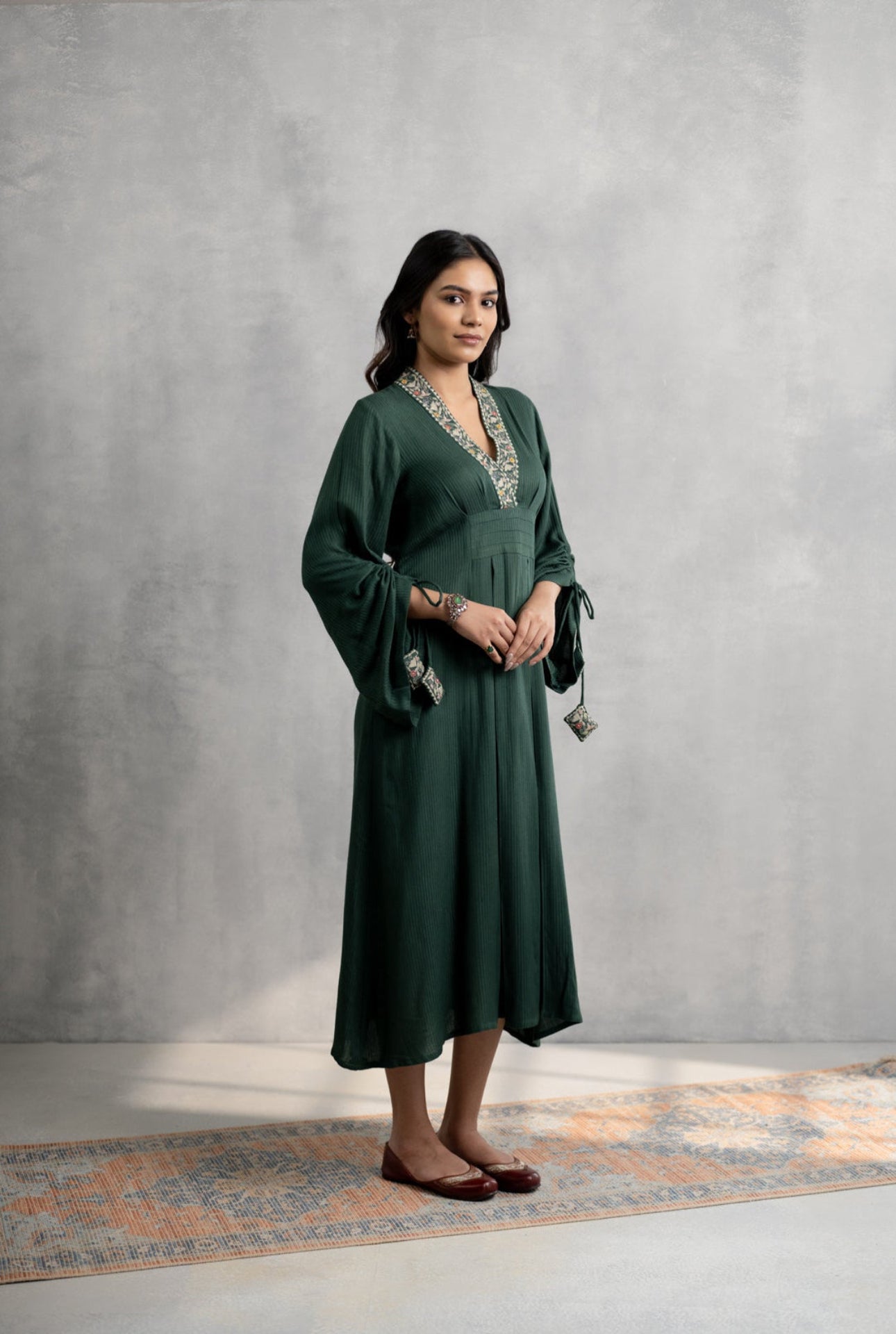 Embroidered Green Flowy Dress with Tie-Sleeves