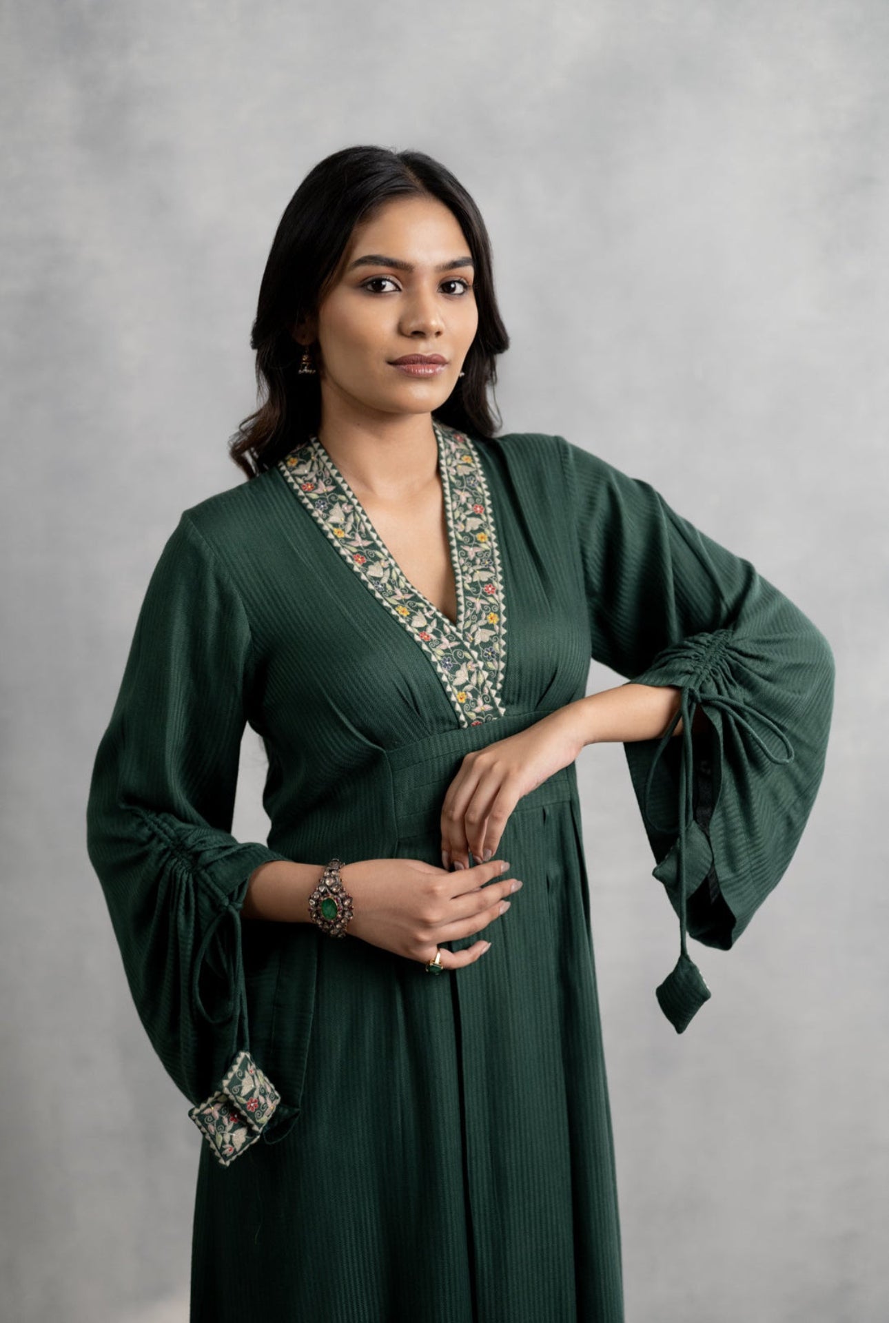 Embroidered Green Flowy Dress with Tie-Sleeves