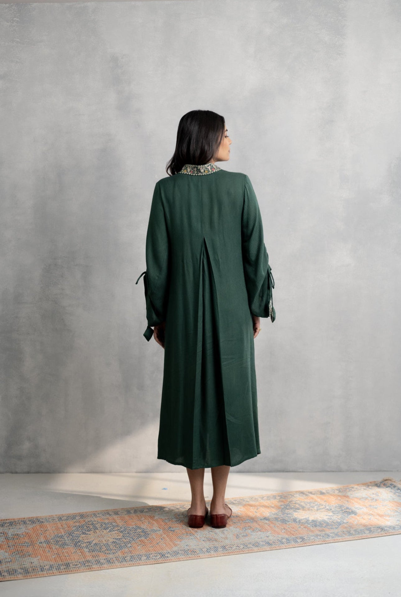 Embroidered Green Flowy Dress with Tie-Sleeves