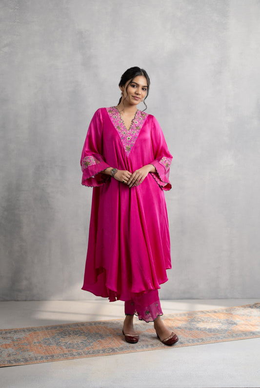 Fuchsia Hand Embroidered Satin Kaftan Kurta Set