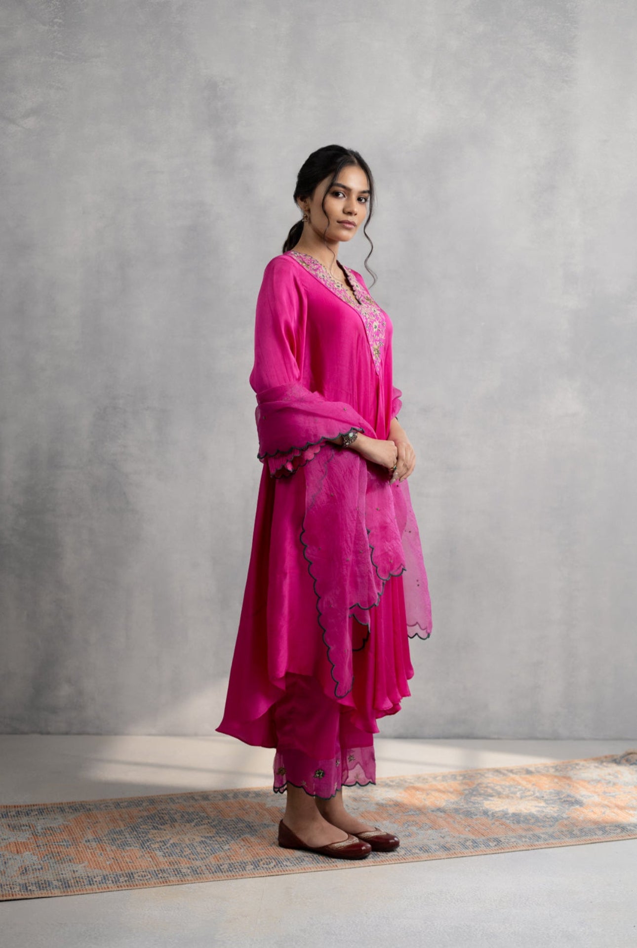 Fuchsia Hand Embroidered Satin Kaftan Kurta Set