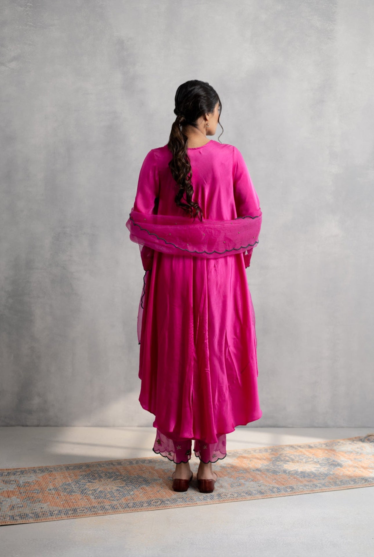 Fuchsia Hand Embroidered Satin Kaftan Kurta Set