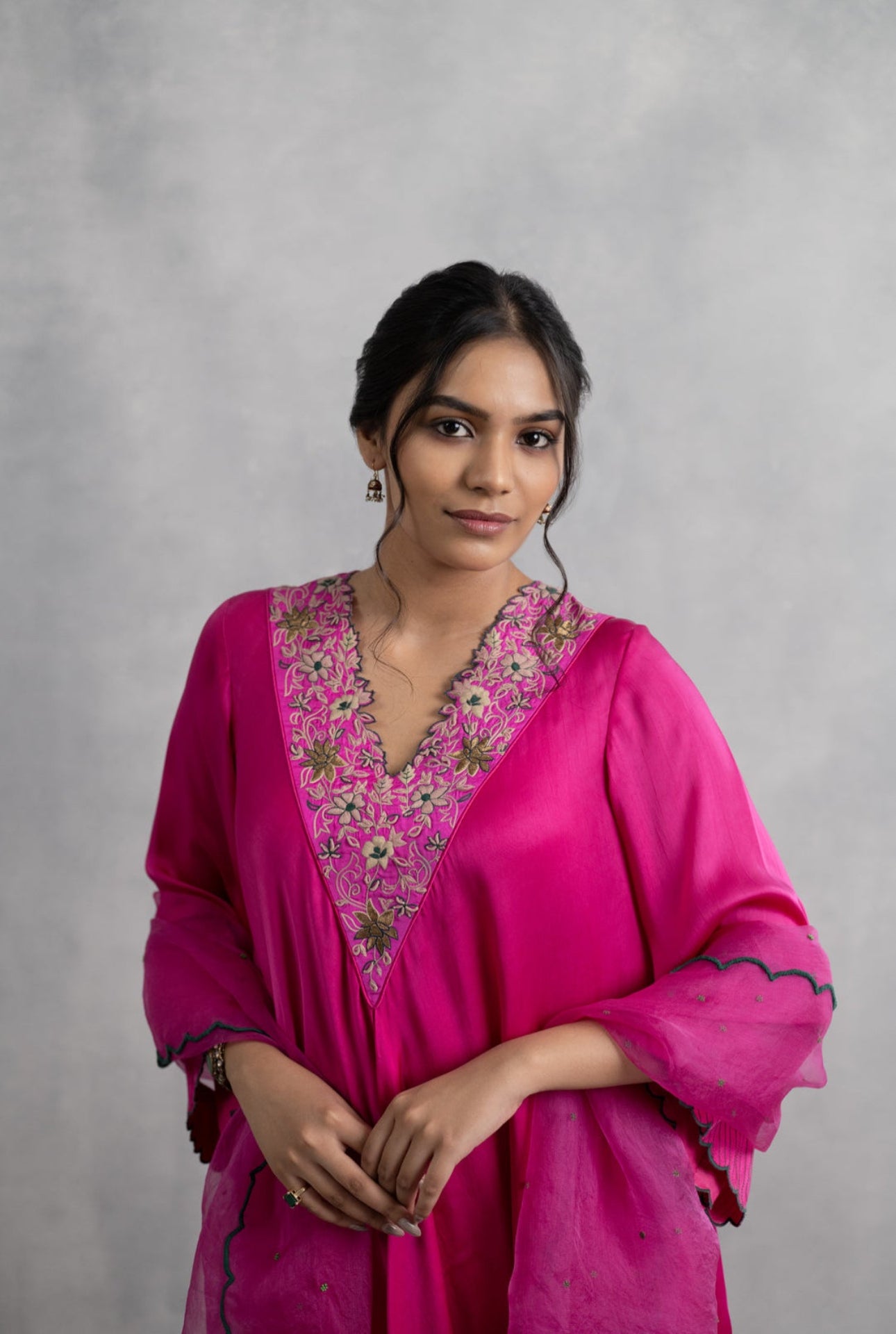 Fuchsia Hand Embroidered Satin Kaftan Kurta Set