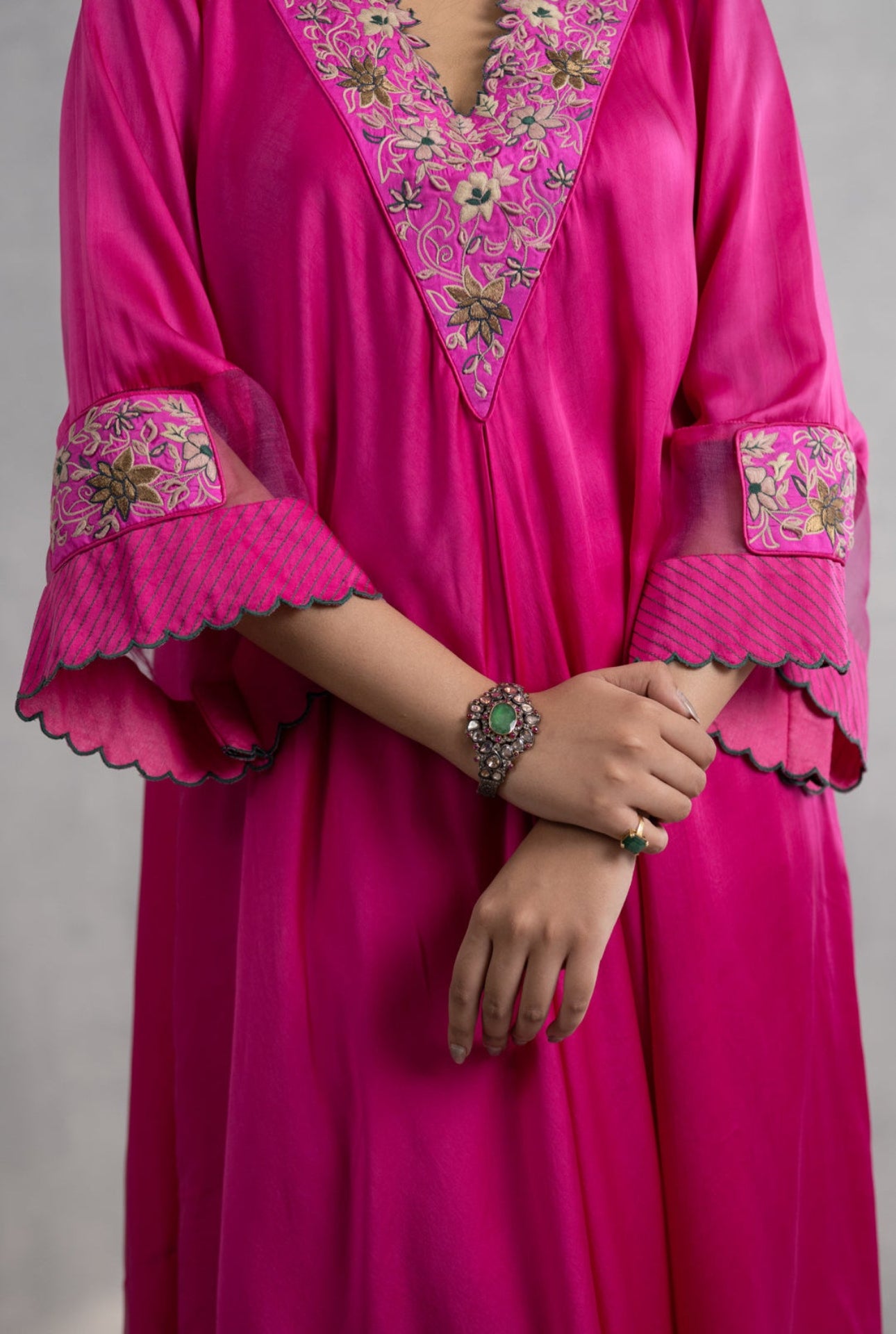 Fuchsia Hand Embroidered Satin Kaftan Kurta Set