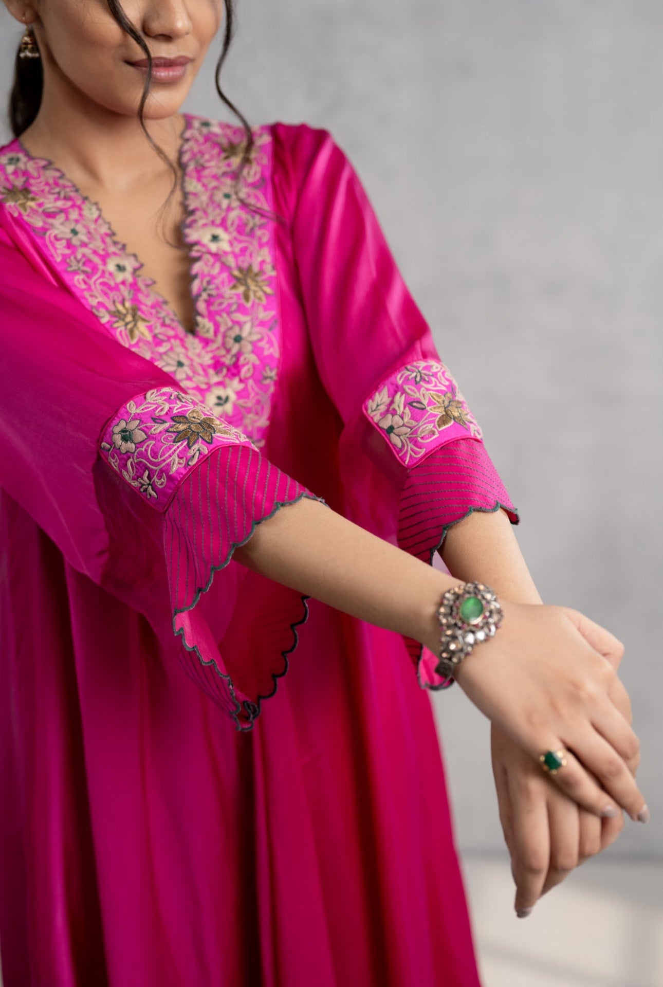 Fuchsia Hand Embroidered Satin Kaftan Kurta Set