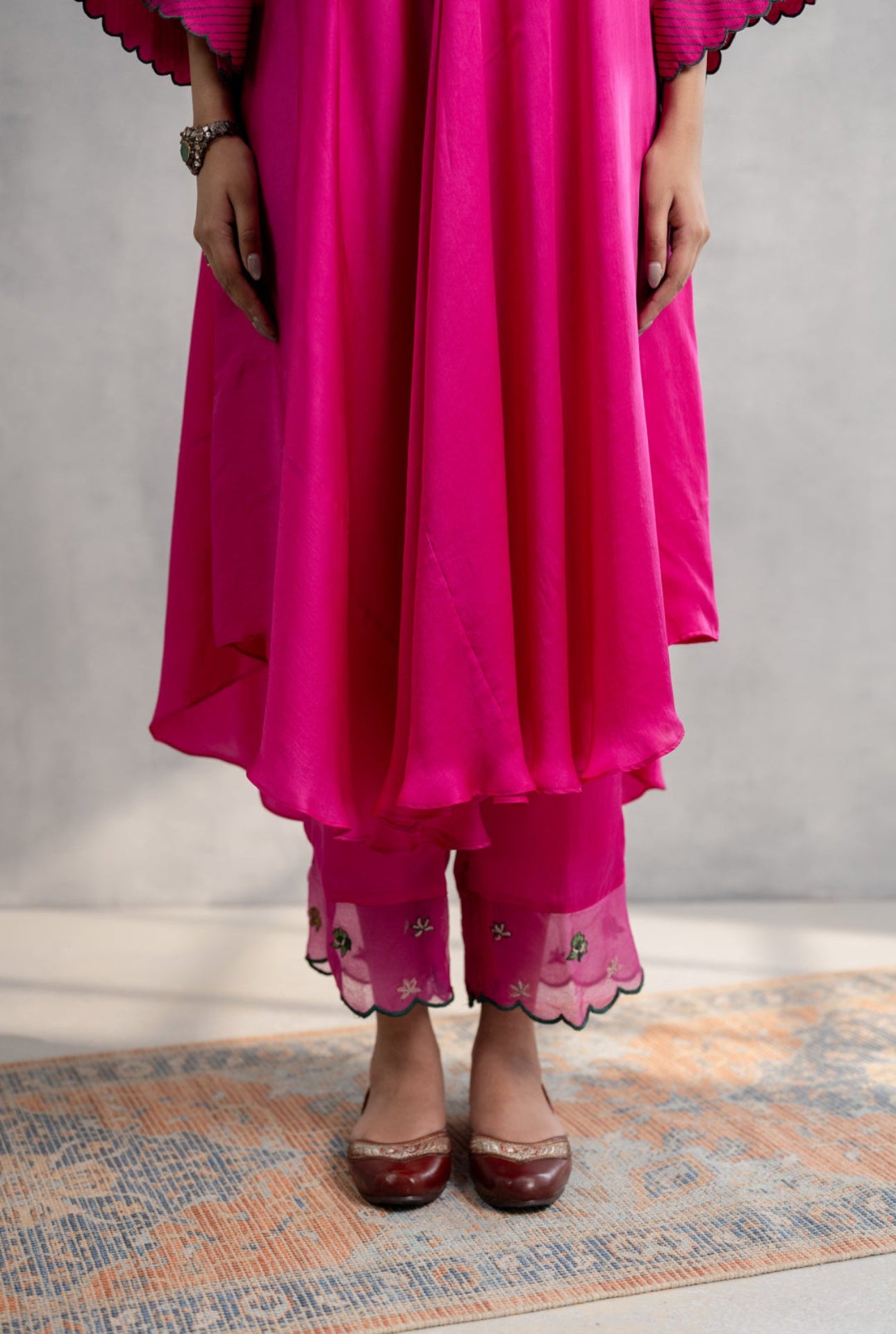 Fuchsia Hand Embroidered Satin Kaftan Kurta Set