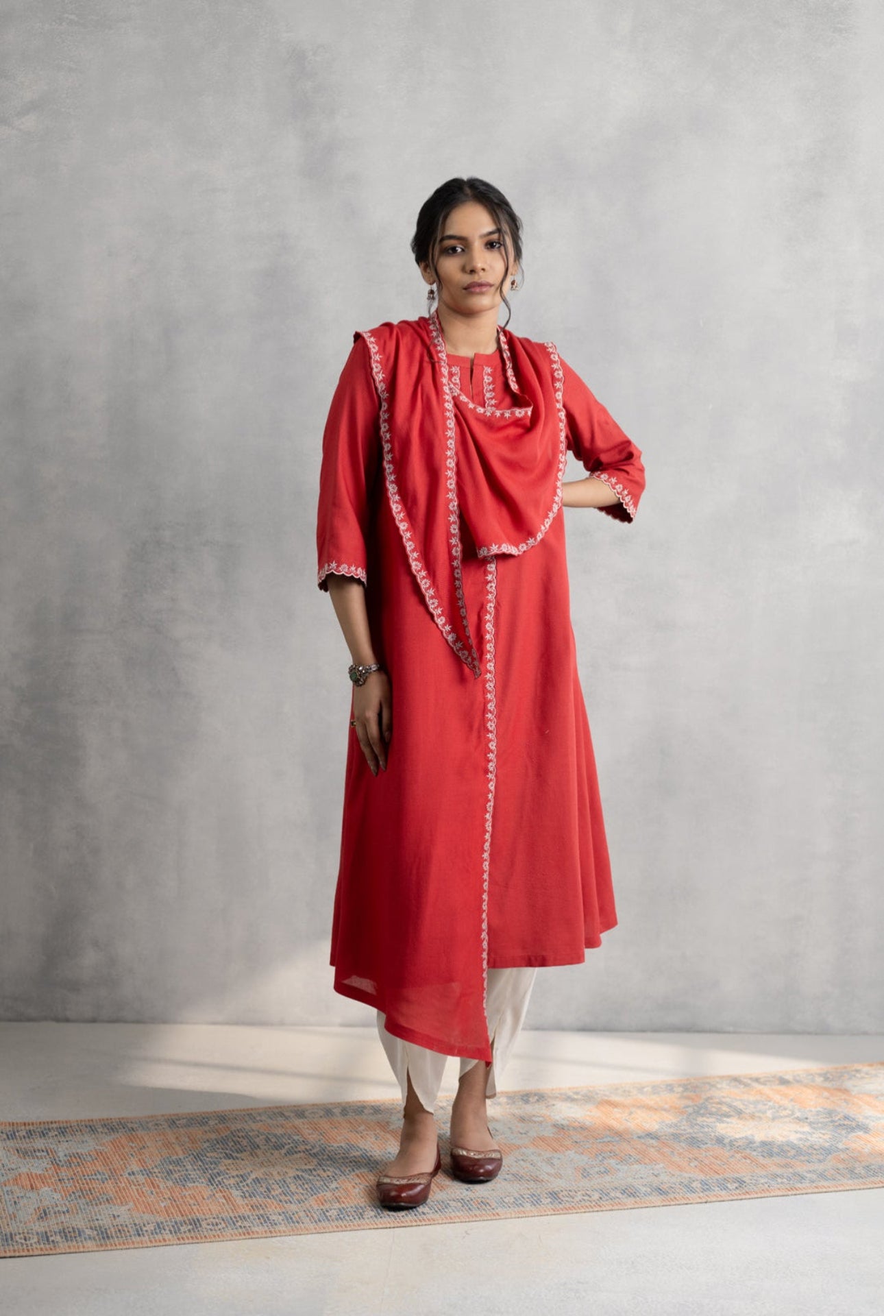 Rust Embroidered Kurta with Draped Scarf & Dhoti Pants