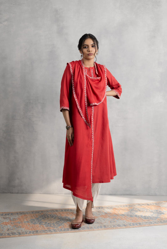 Rust Embroidered Kurta with Draped Scarf & Dhoti Pants