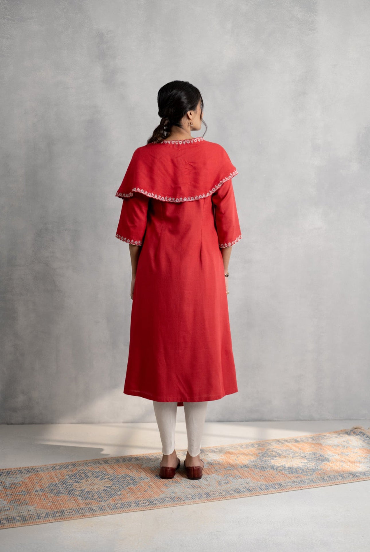 Rust Embroidered Kurta with Draped Scarf & Dhoti Pants
