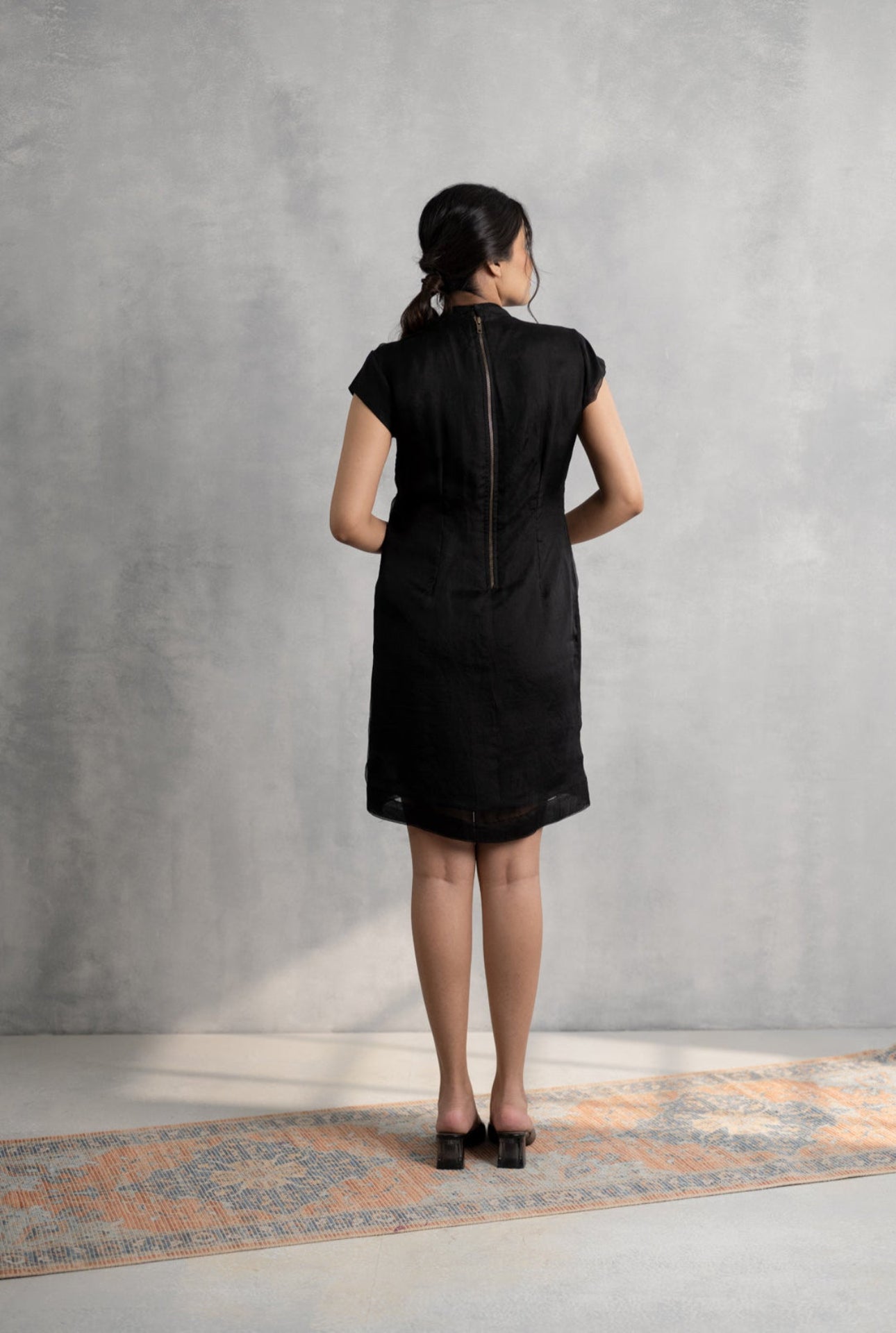 Black Organza Dress with Hand-Embroidered Floral Motif & Pearl Detailing