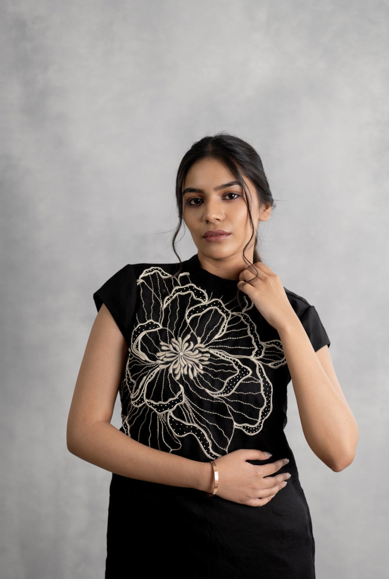 Black Organza Dress with Hand-Embroidered Floral Motif & Pearl Detailing