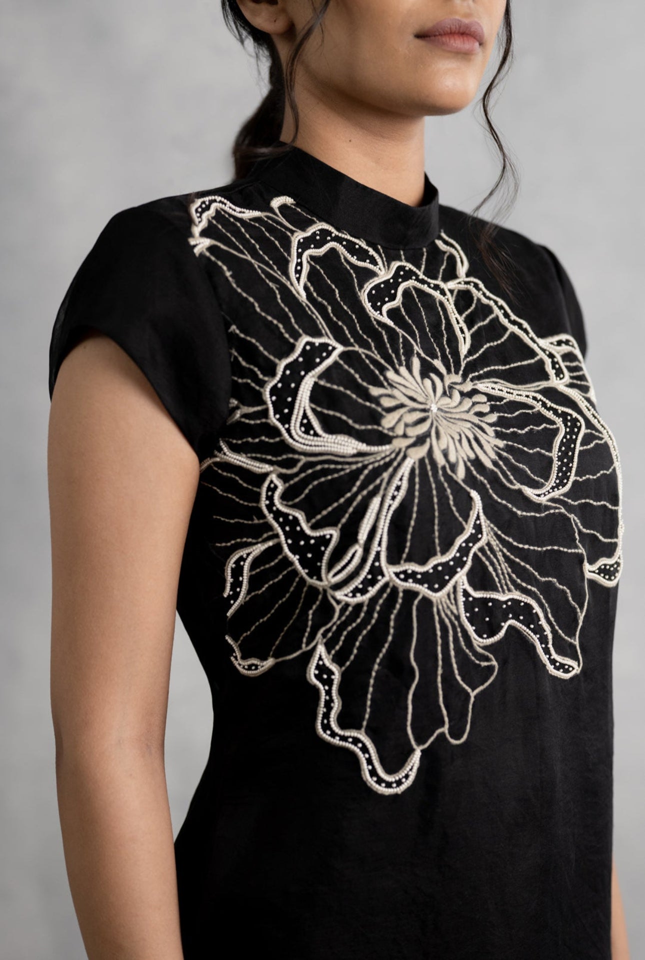 Black Organza Dress with Hand-Embroidered Floral Motif & Pearl Detailing