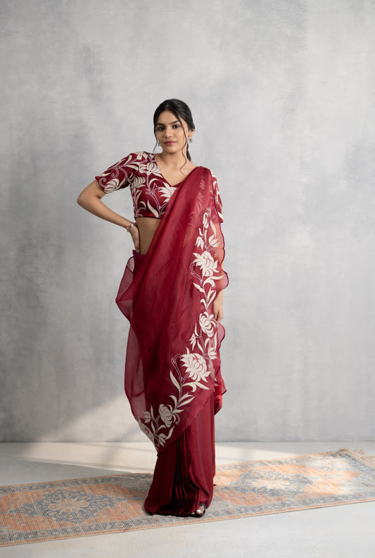 Maroon Applique Saree with Dual Pallus & Embroidered Blouse