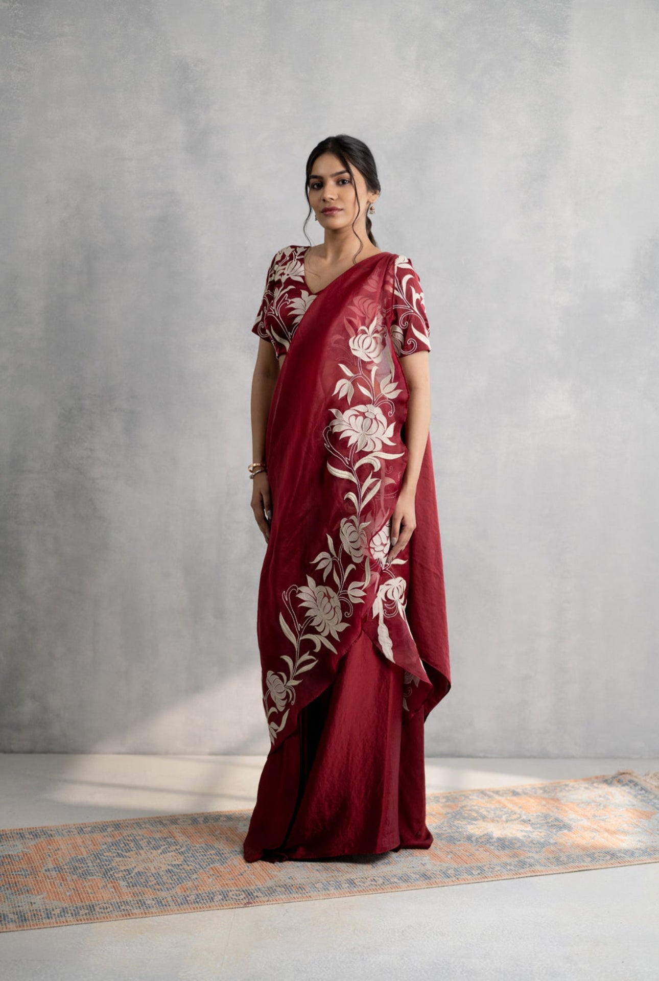 Maroon Applique Saree with Dual Pallus & Embroidered Blouse