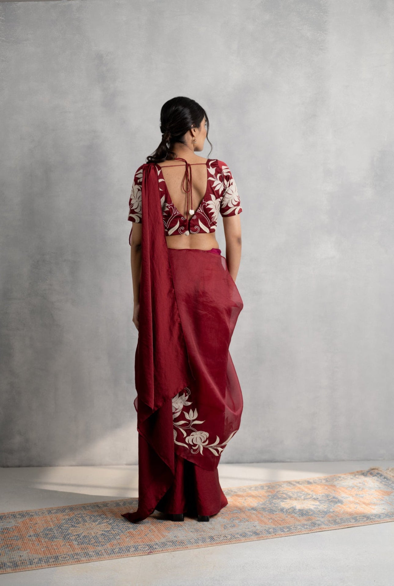 Maroon Applique Saree with Dual Pallus & Embroidered Blouse