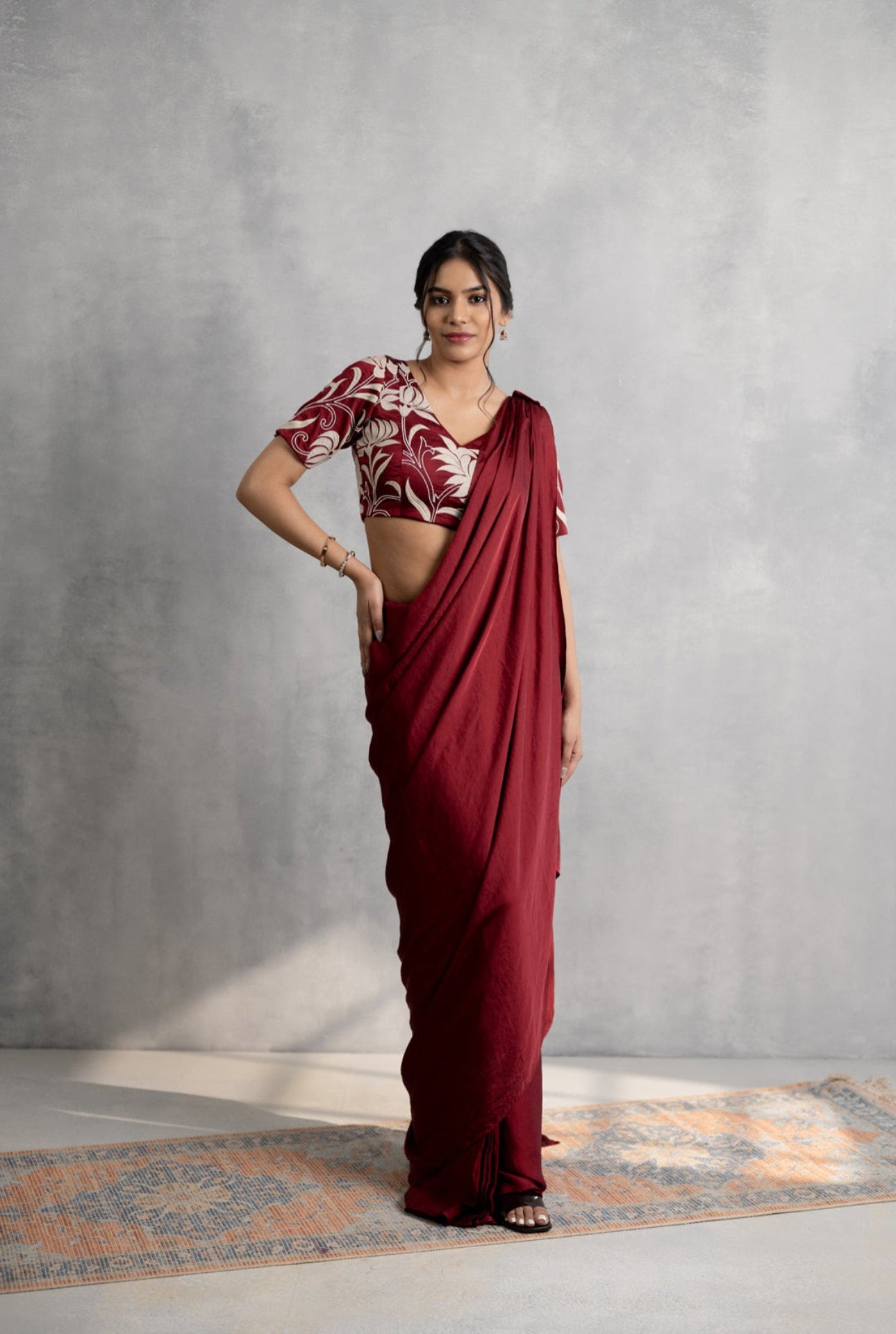 Maroon Applique Saree with Dual Pallus & Embroidered Blouse