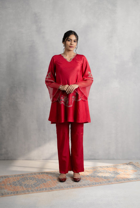 Silk A-Line Kurta with Hand Embroidery & Organza Bell Sleeves