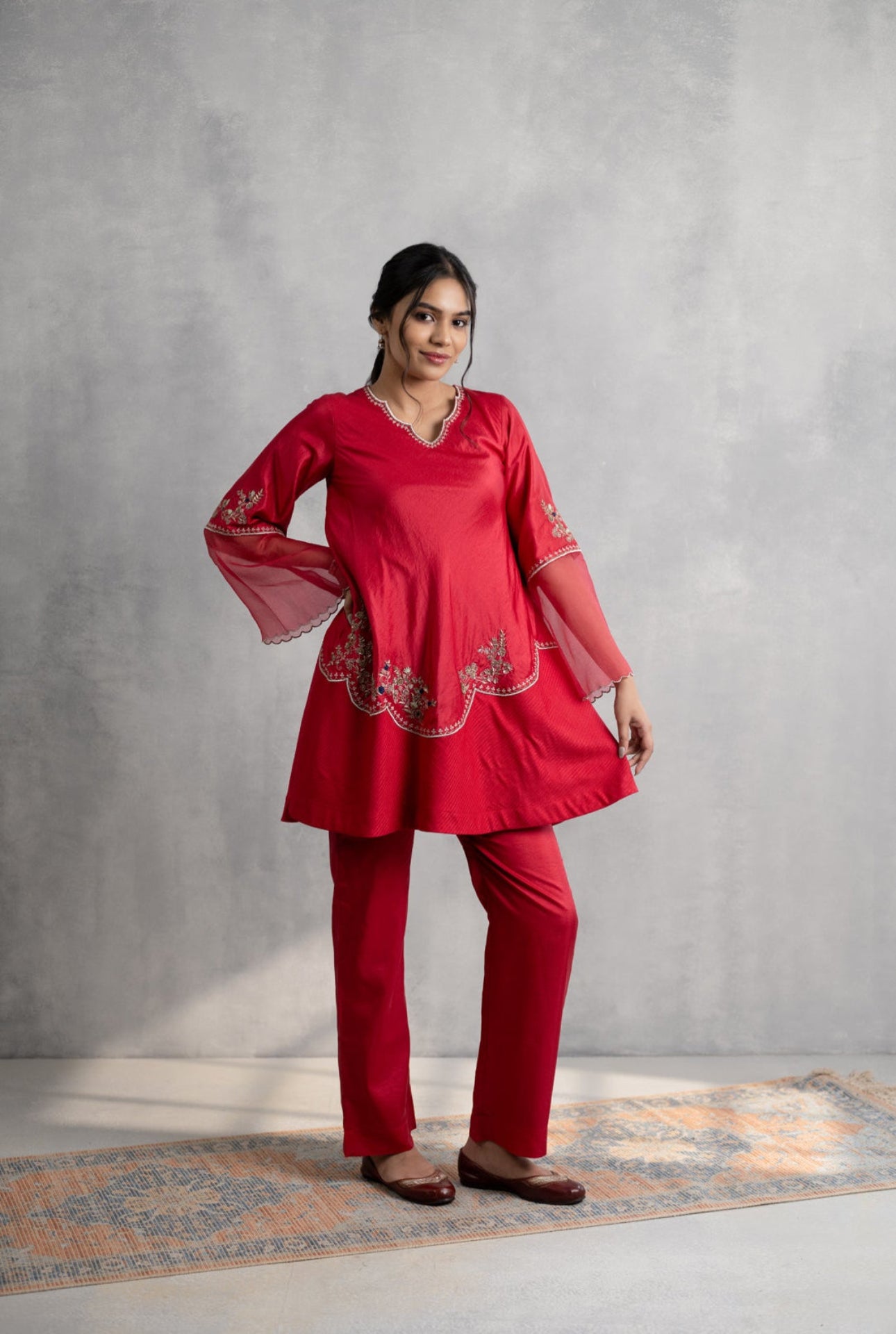 Silk A-Line Kurta with Hand Embroidery & Organza Bell Sleeves