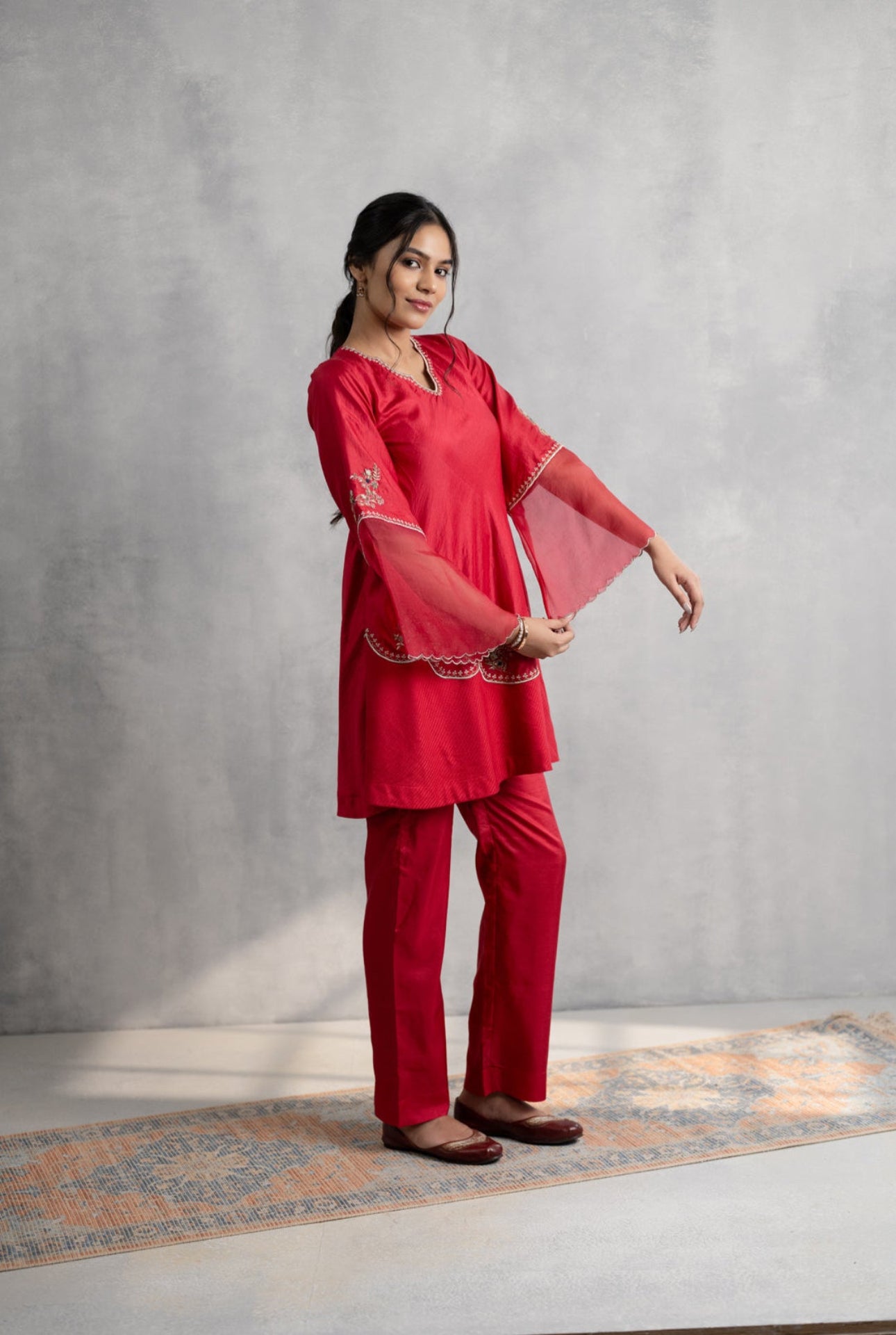 Silk A-Line Kurta with Hand Embroidery & Organza Bell Sleeves