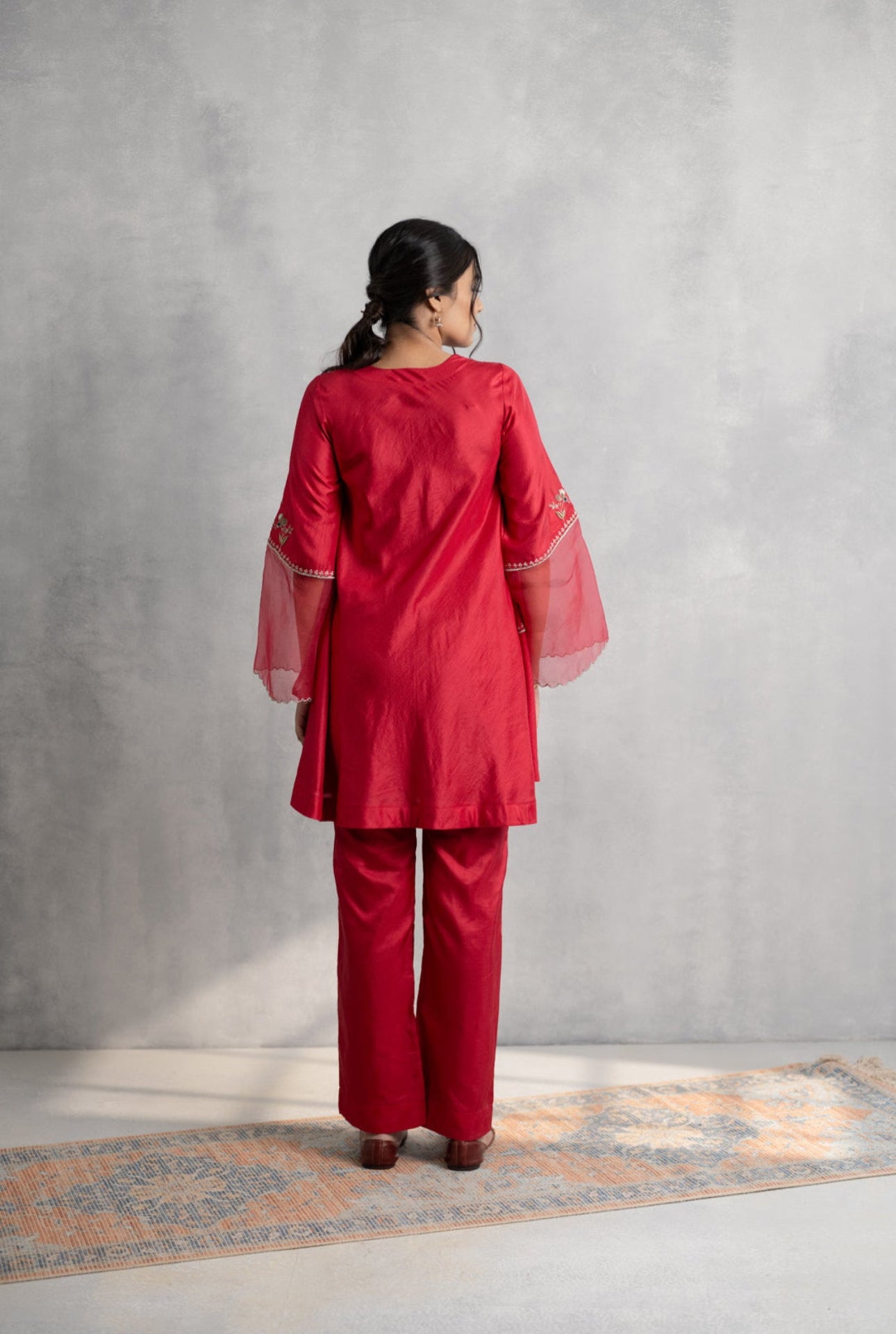 Silk A-Line Kurta with Hand Embroidery & Organza Bell Sleeves