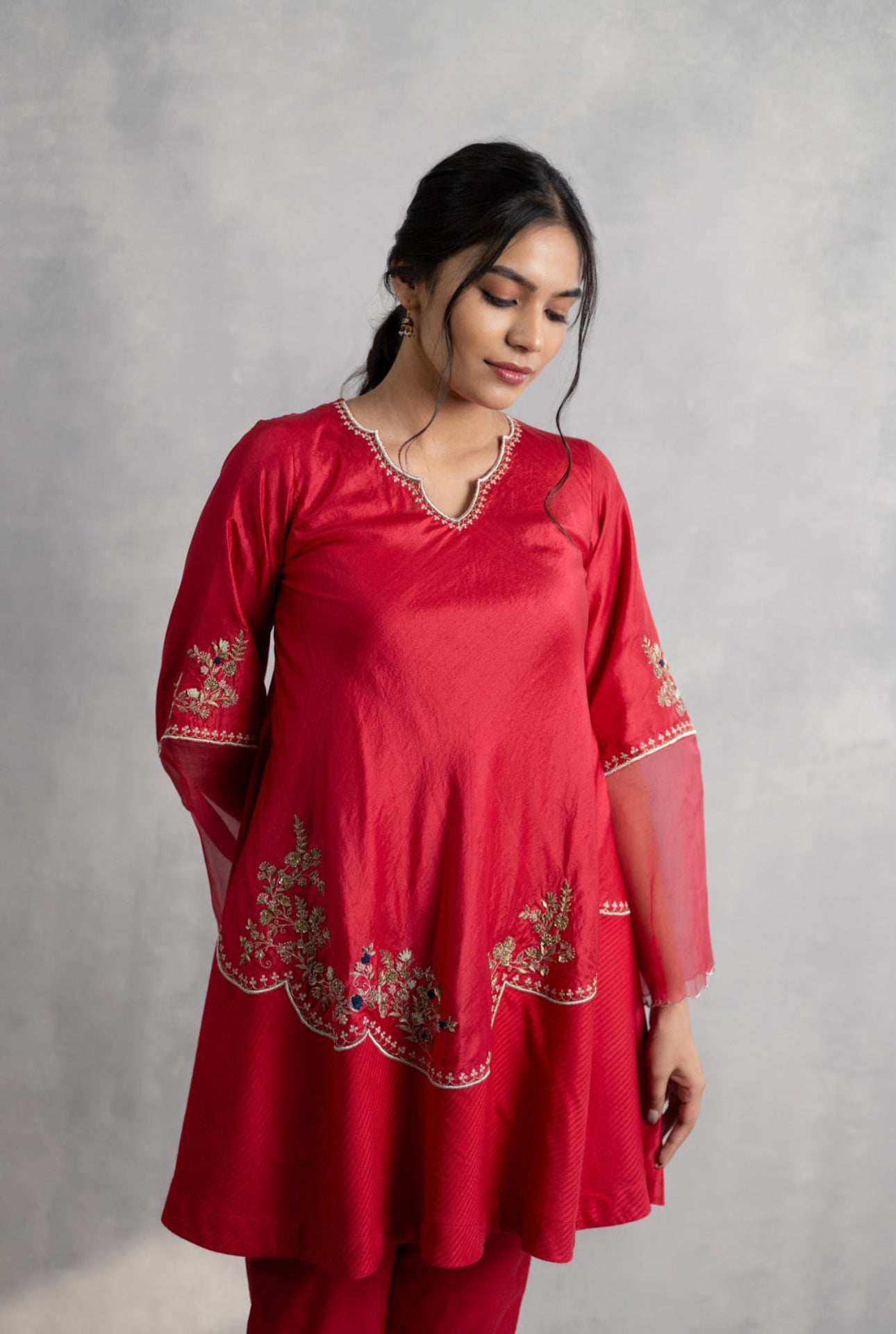 Silk A-Line Kurta with Hand Embroidery & Organza Bell Sleeves