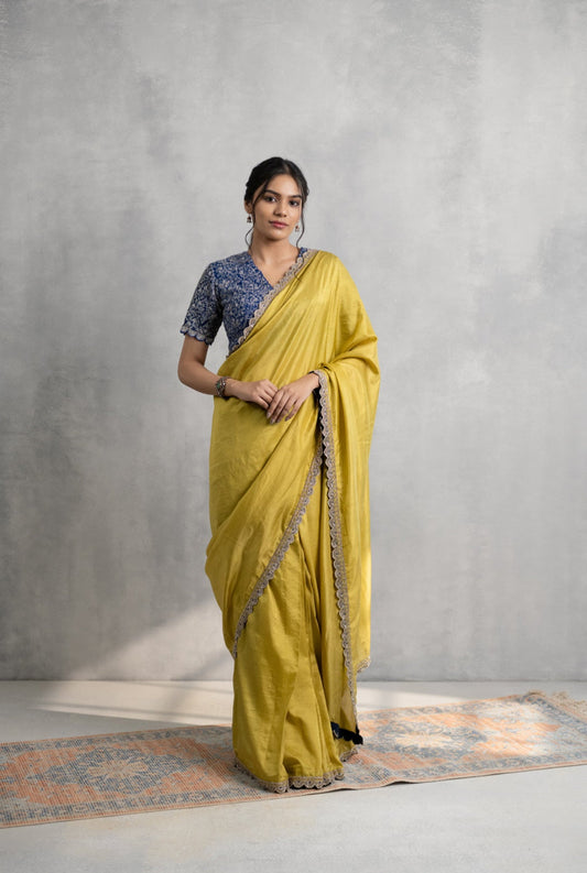 Mustard Silk Saree with Hand Embroidered Border & Navy Scalloped Blouse