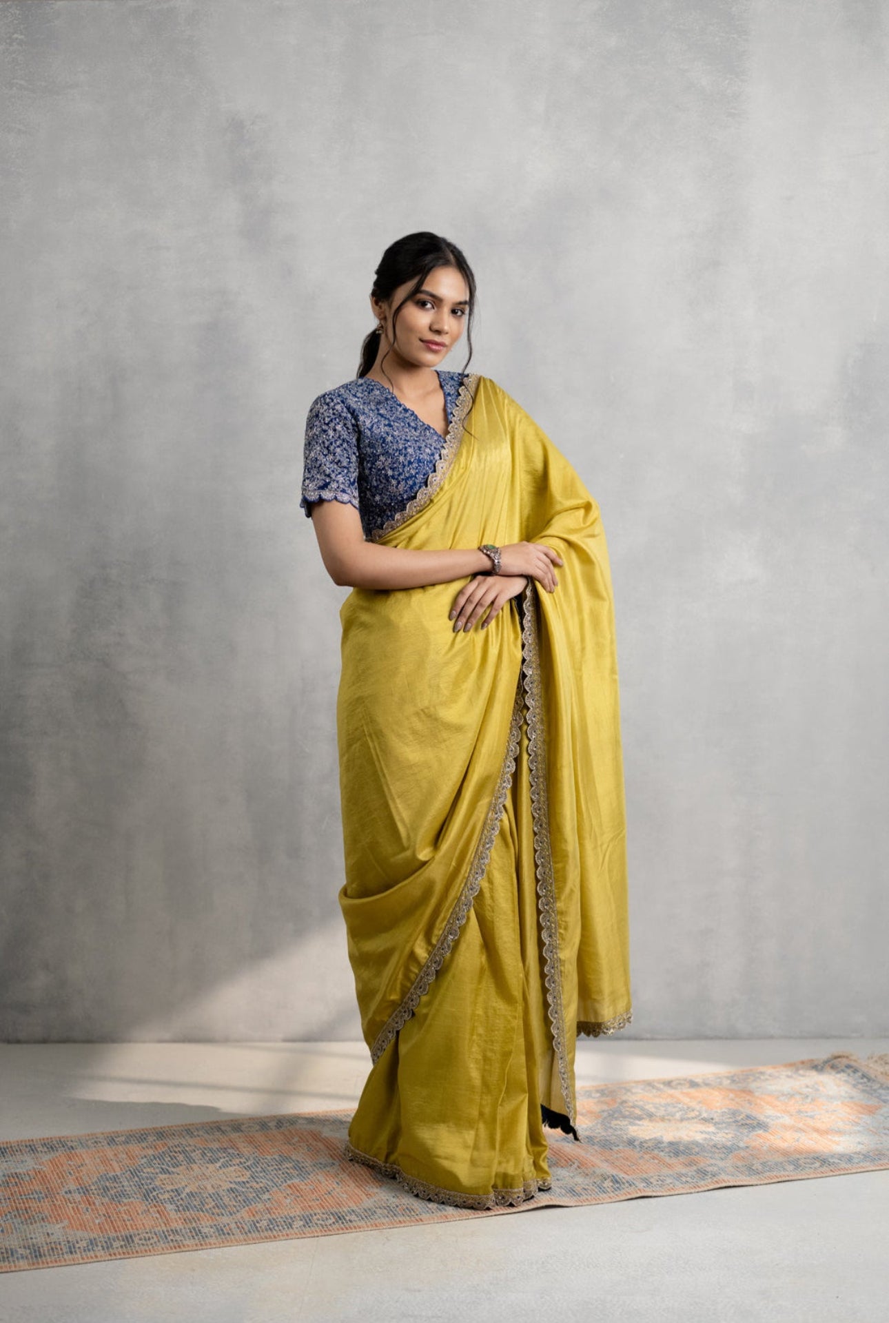 Mustard Silk Saree with Hand Embroidered Border & Navy Scalloped Blouse