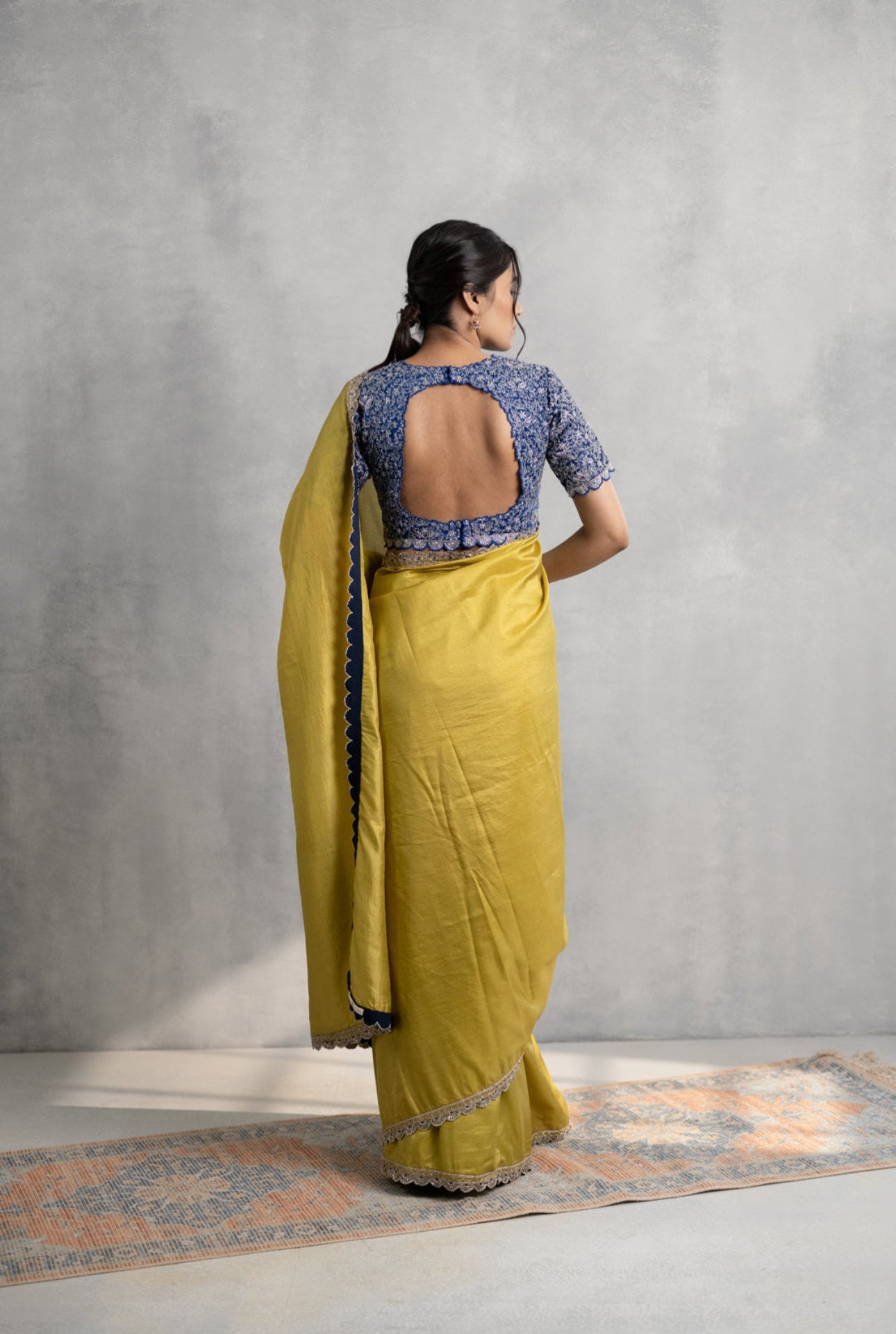 Mustard Silk Saree with Hand Embroidered Border & Navy Scalloped Blouse