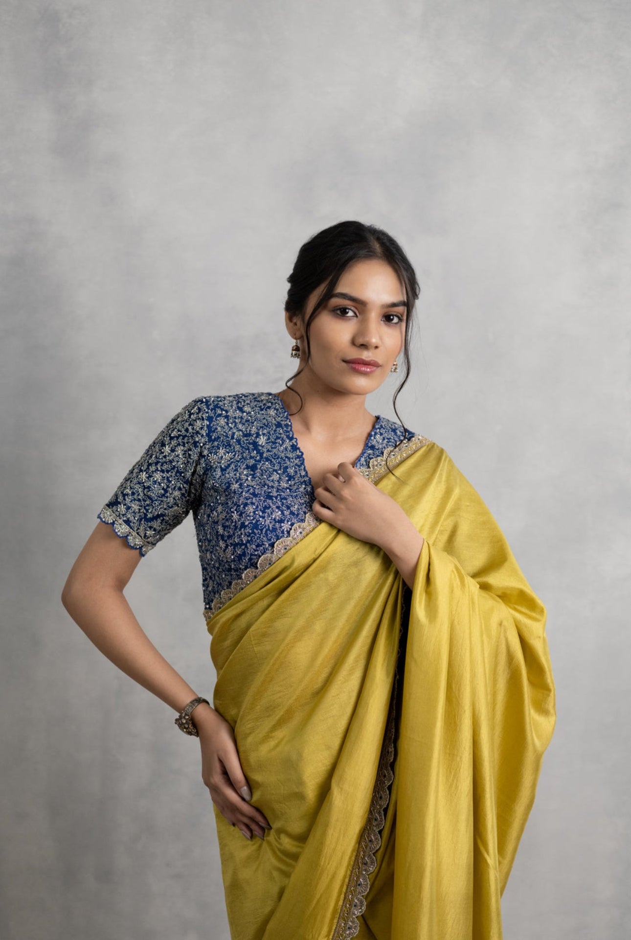 Mustard Silk Saree with Hand Embroidered Border & Navy Scalloped Blouse