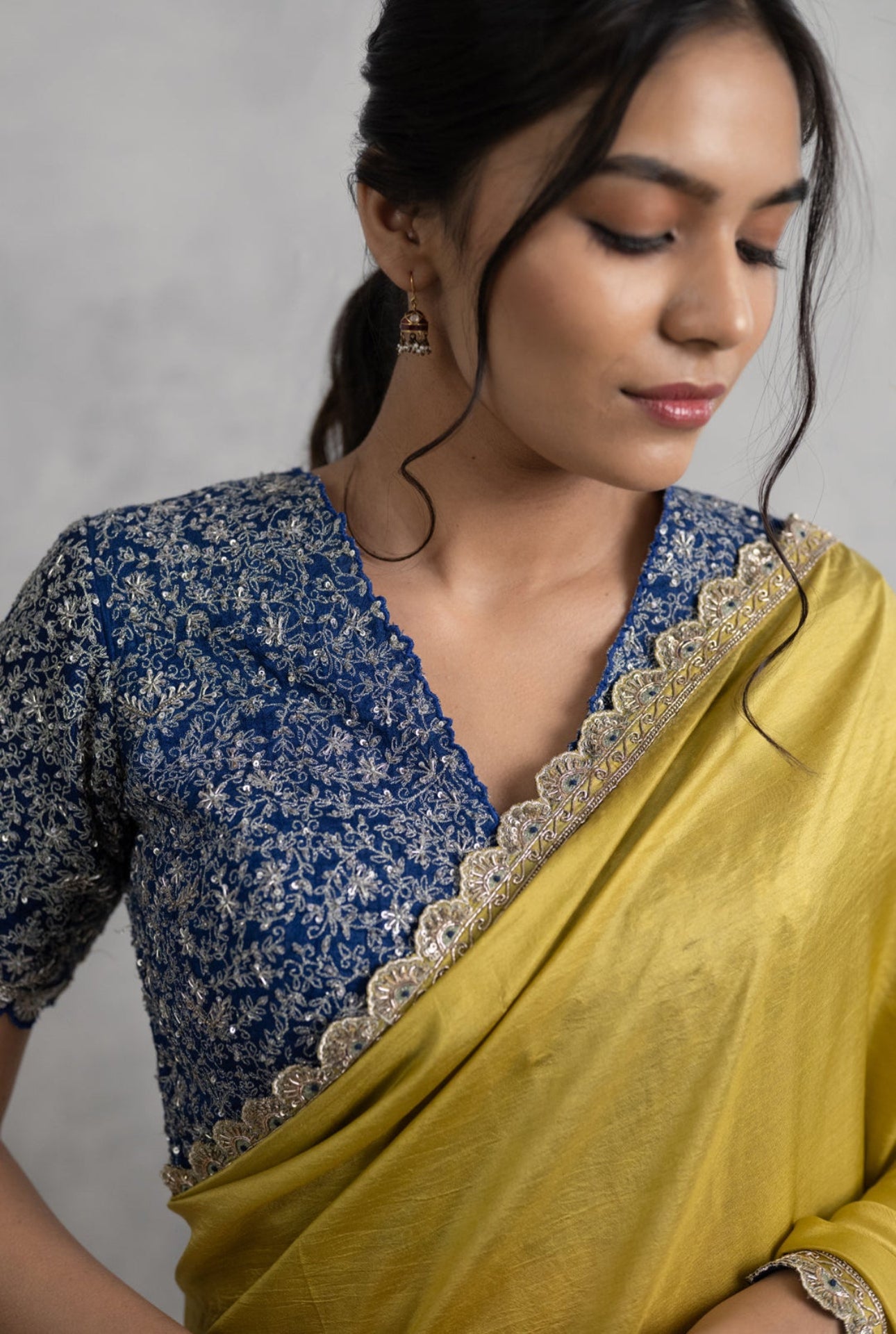 Mustard Silk Saree with Hand Embroidered Border & Navy Scalloped Blouse
