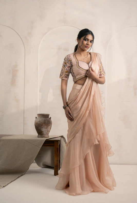 Blush Ruffle Saree with Embroidered Blouse