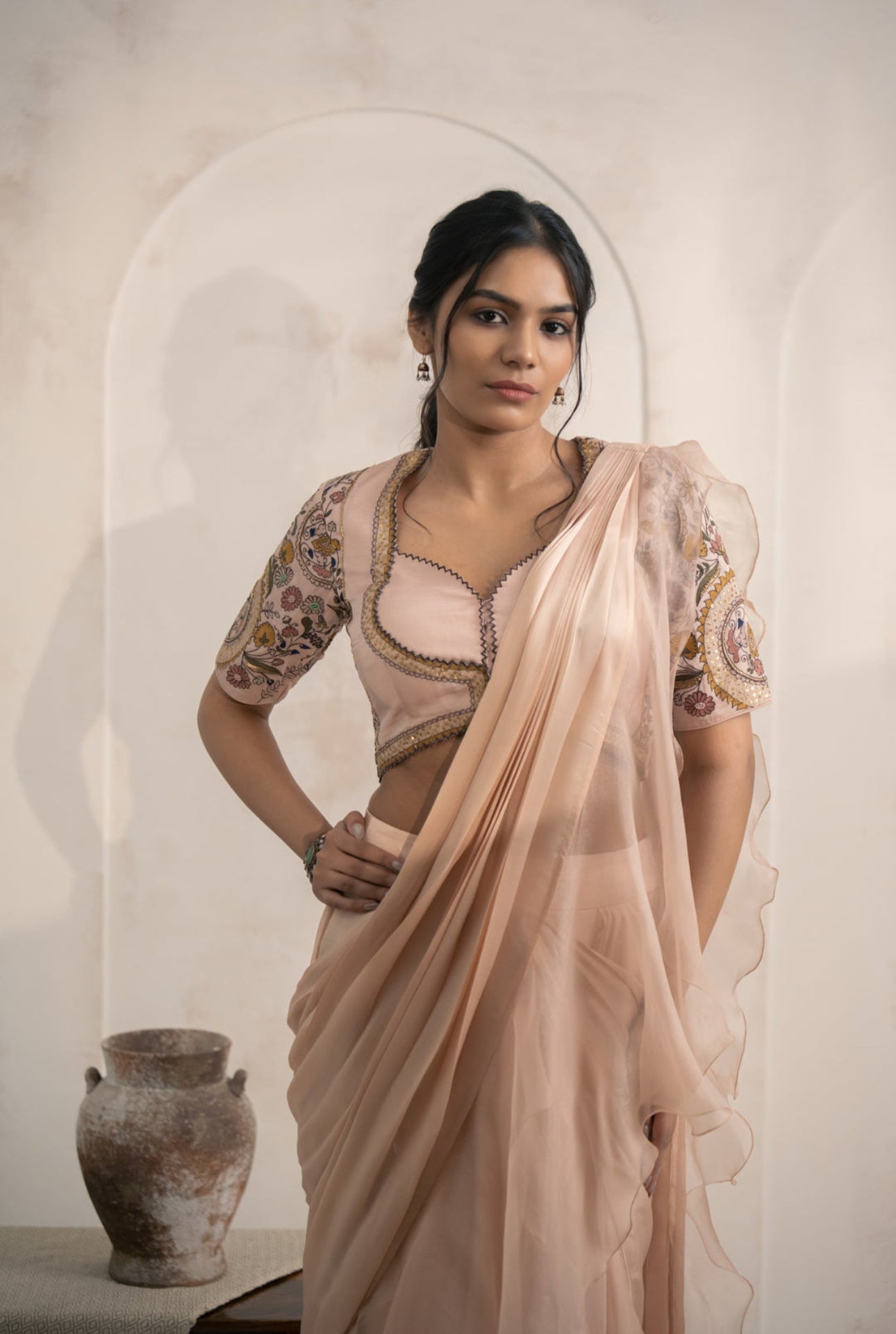 Blush Ruffle Saree with Embroidered Blouse
