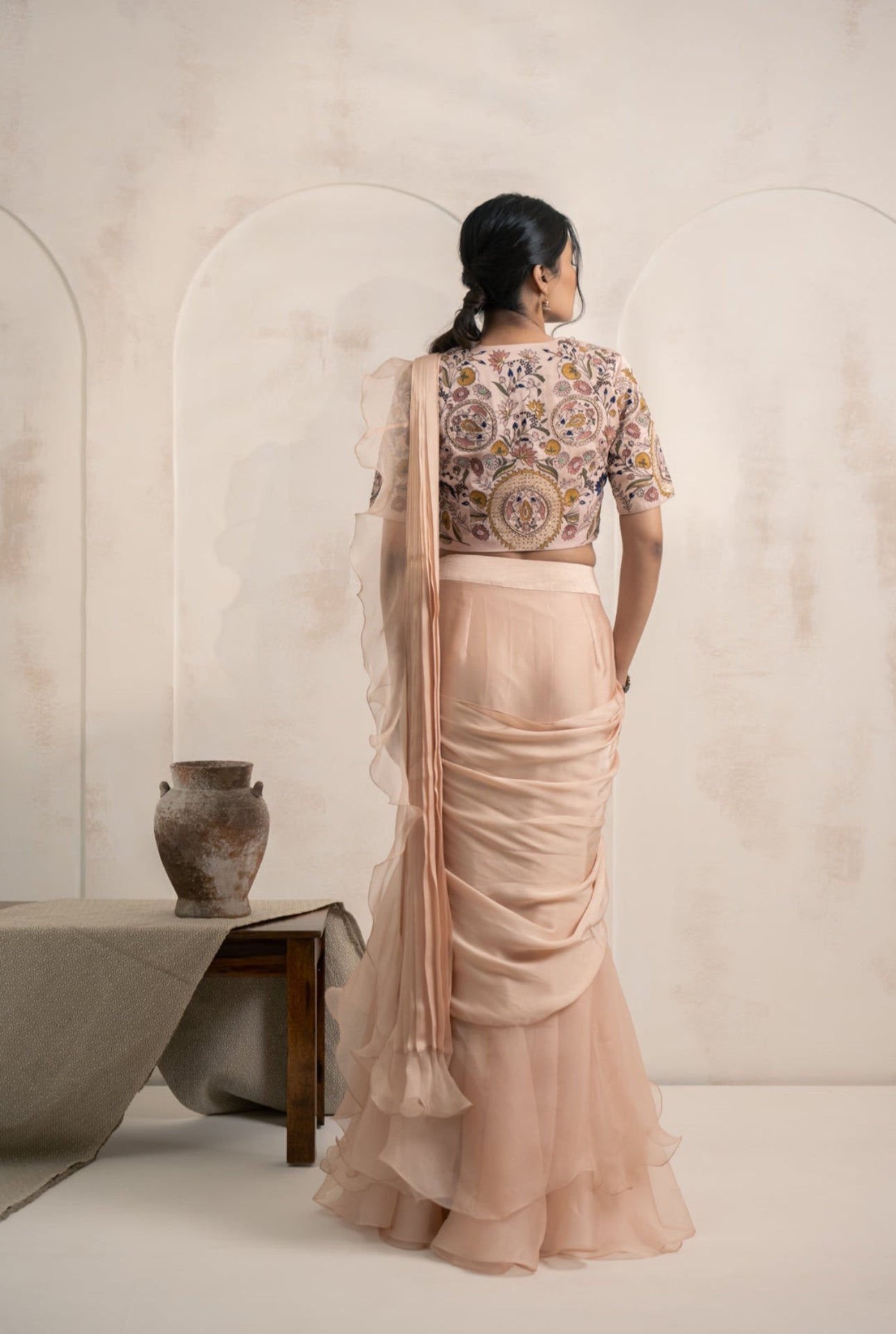 Blush Ruffle Saree with Embroidered Blouse