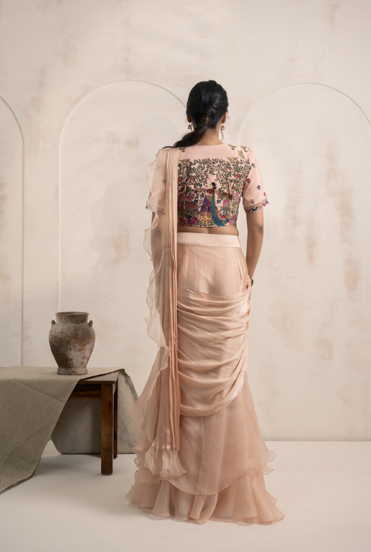 Blush Ruffle Saree with Embroidered Blouse