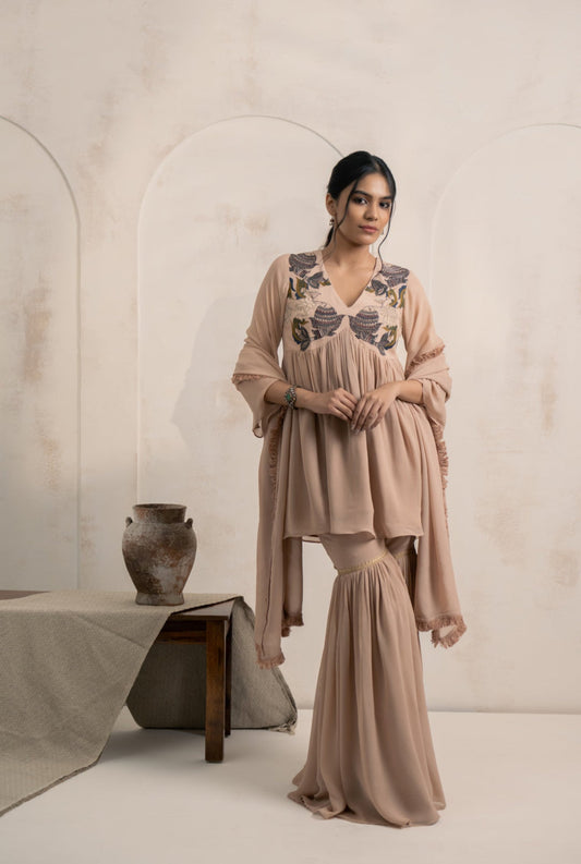 Georgette Kurti Garara Set with Hand & Machine Embroidery