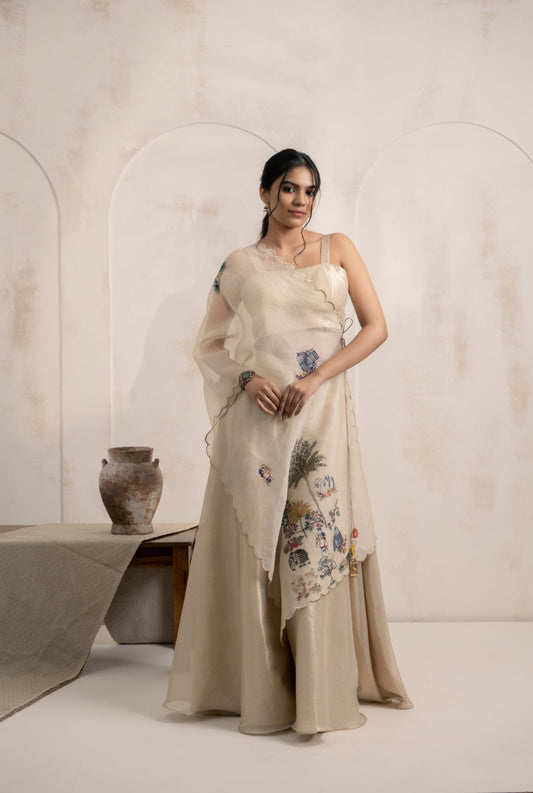 Tissue Bustier & Sharara Set with Embroidered Organza Dupatta