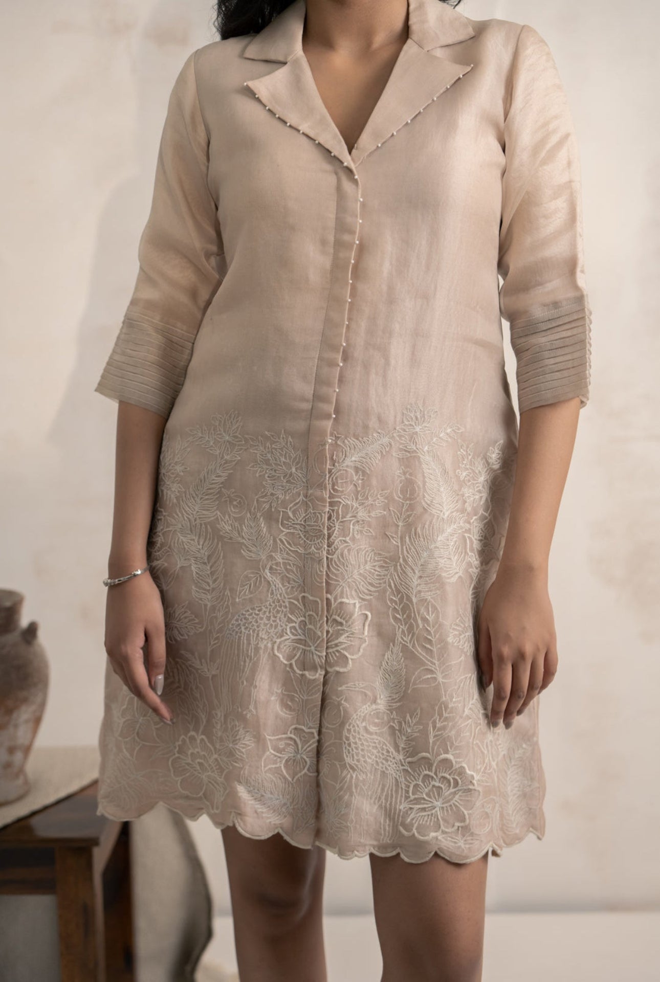 Organza Dress with Ivory Embroidery & Scalloped Hem