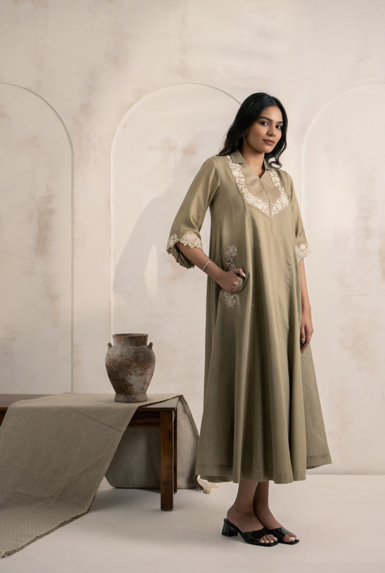 Sage Green Cotton Satin Midi Dress with Ivory Floral Embroidery