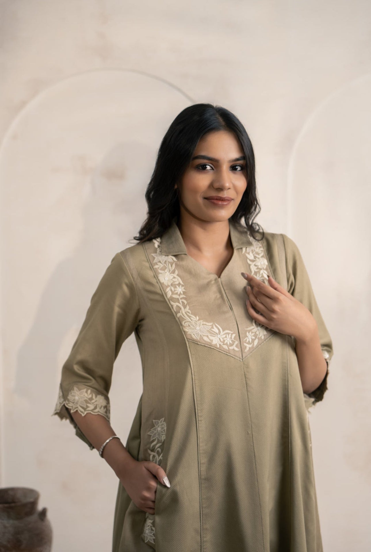 Sage Green Cotton Satin Midi Dress with Ivory Floral Embroidery