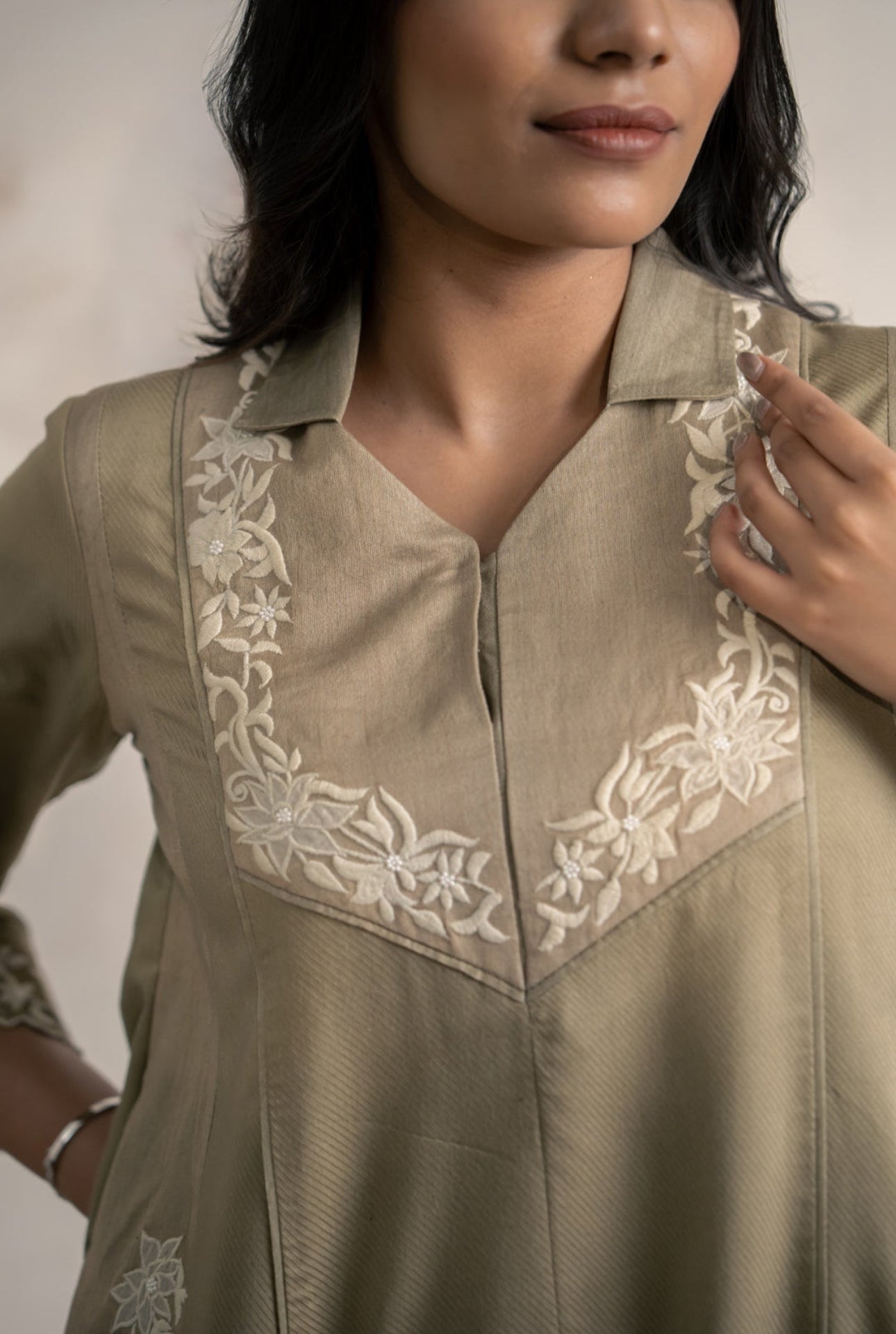 Sage Green Cotton Satin Midi Dress with Ivory Floral Embroidery